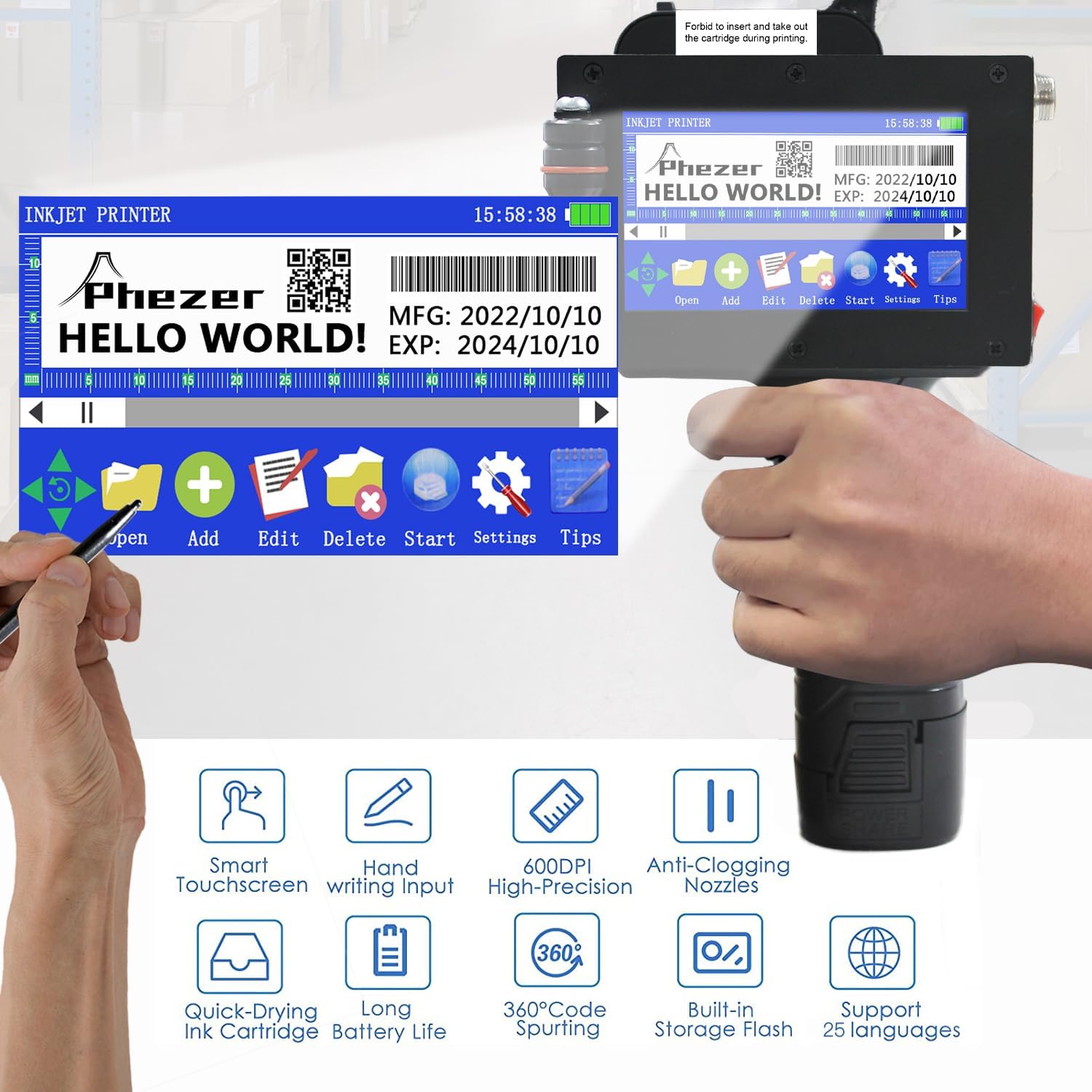 Phezer P16-1 printer screen showing 'HELLO WORLD!' and various function icons