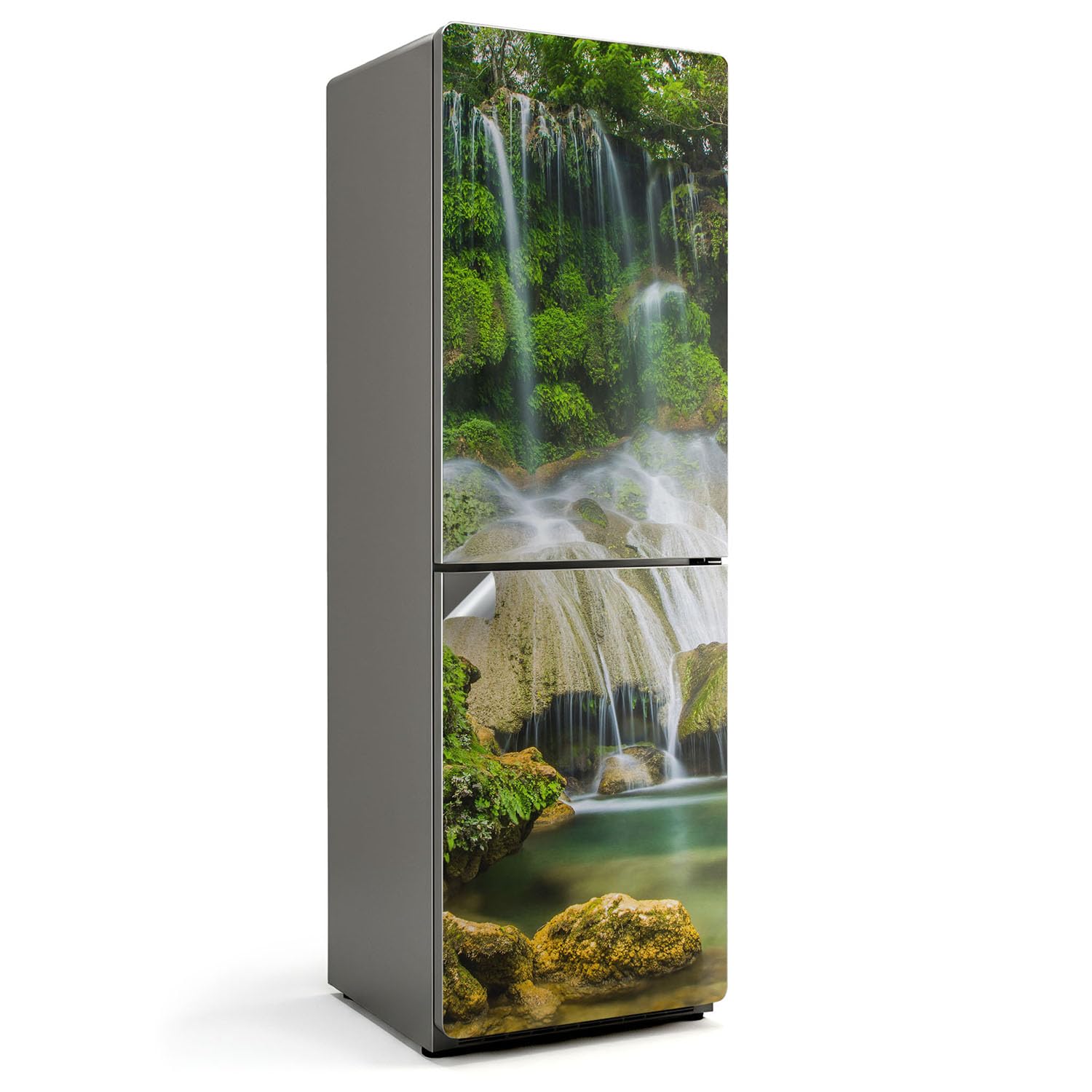Décoration de cuisine nature avec ce grand autocollant frigo cascade 60x190 cm