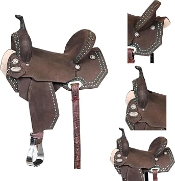 Western Youth Kids Child Barrel Horse Roughout Leather Saddle Suede Seat 10" 12" 13" 14" Turquoise Buckstitch Design