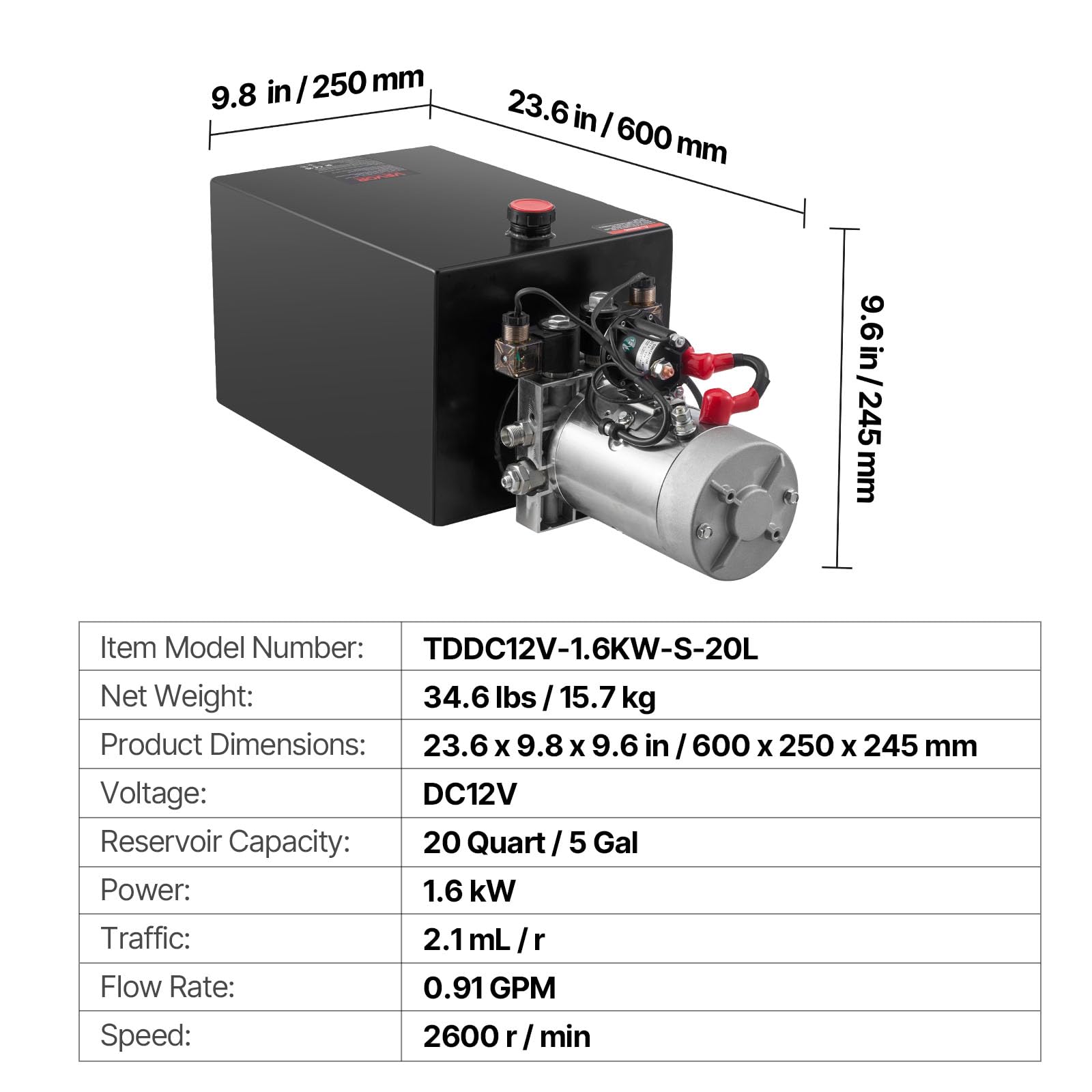 VEVOR Pompa Idraulica per Sollevatore Rimorchio Centralina Idraulica Azione Doppia 2600 giri/min Flusso 3,4L/min, Pompa per Rimorchio Piattaforma con Serbatoio d'Olio in Metallo da Officina