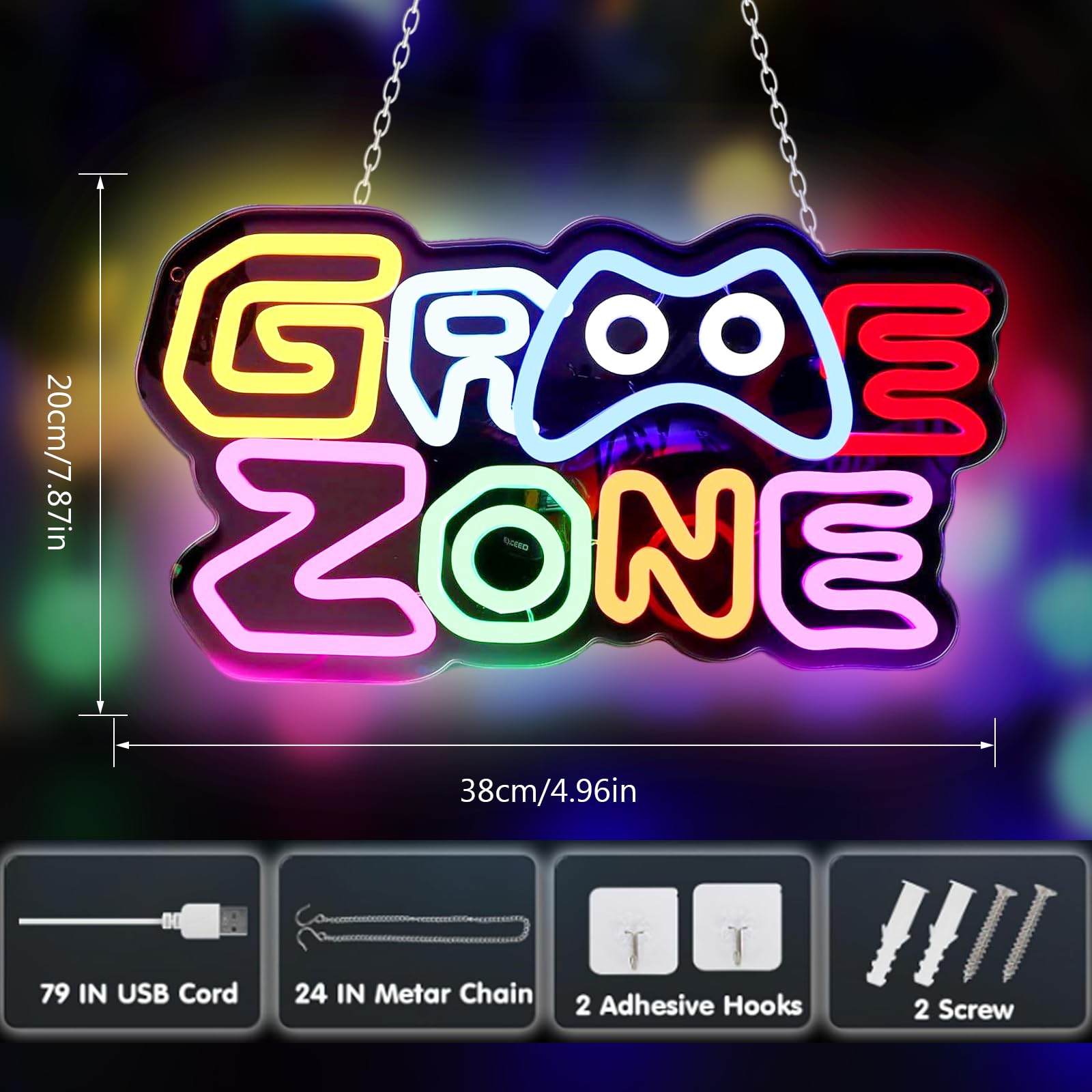 BAIFULAI Gaming Zone Insegna al Neon, LED Gaming al Neon Colorato, Luce al Neon USB Letter Game per Decorazione da Parete, Insegna al Neon per Zona Gaming, Grotta dell'Uomo, Regali Insegna LED per