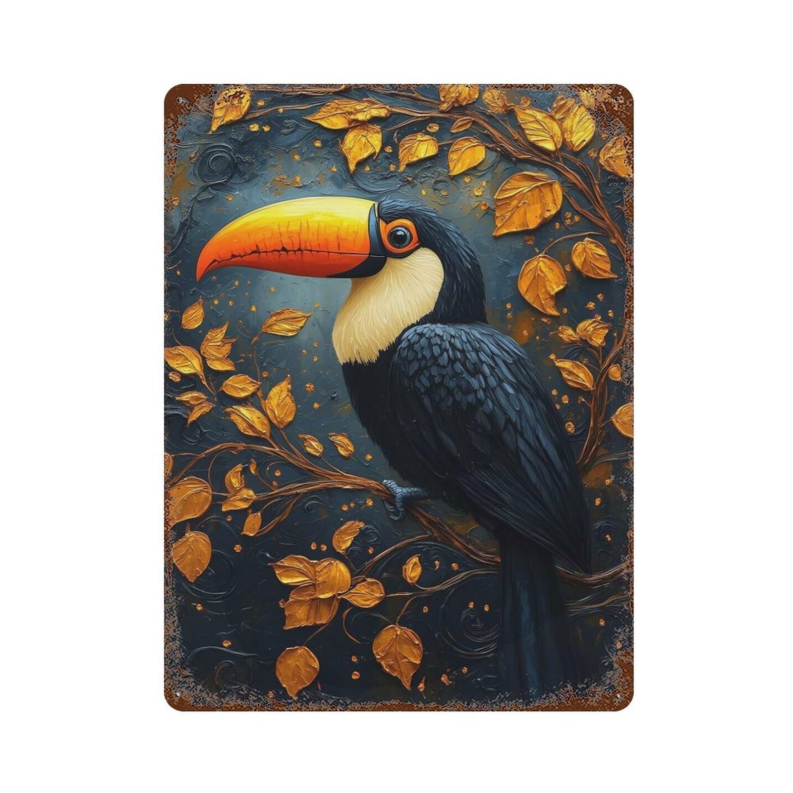 Retro Metal Sign with Toucan with Golden Leaves Design 15.7"x11.8", for Office, Studio And Wall Decor, Retro Wall Decor