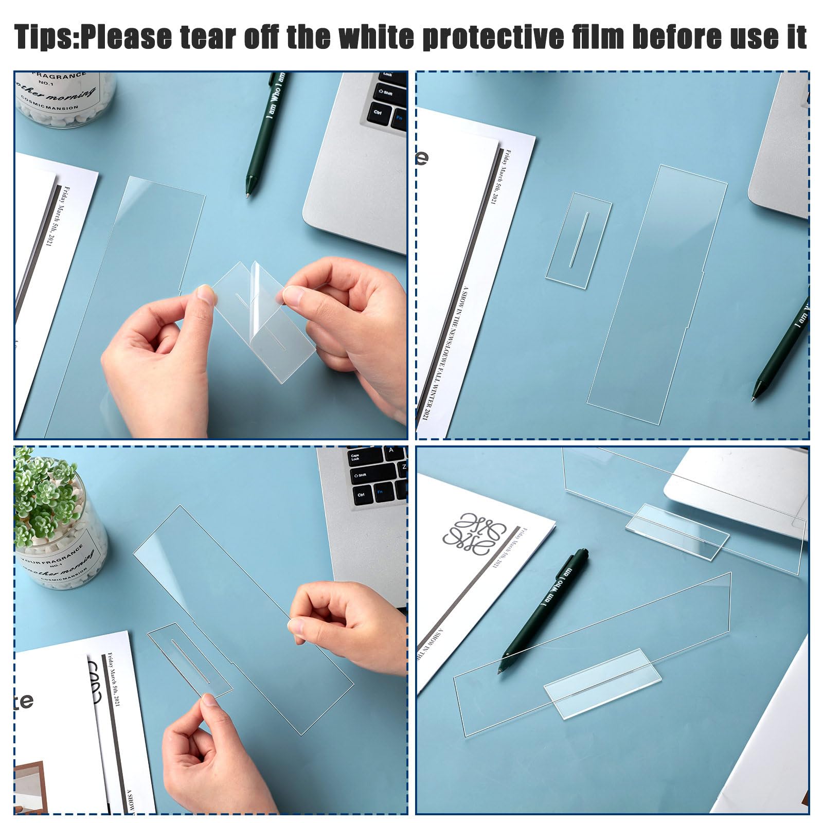 Yookeer Paquete de 12 placas de identificación acrílicas personalizadas para escritorio, panel transparente, hoja acrílica rectangular en blanco para decoración de escritorio de oficina (2 x 10