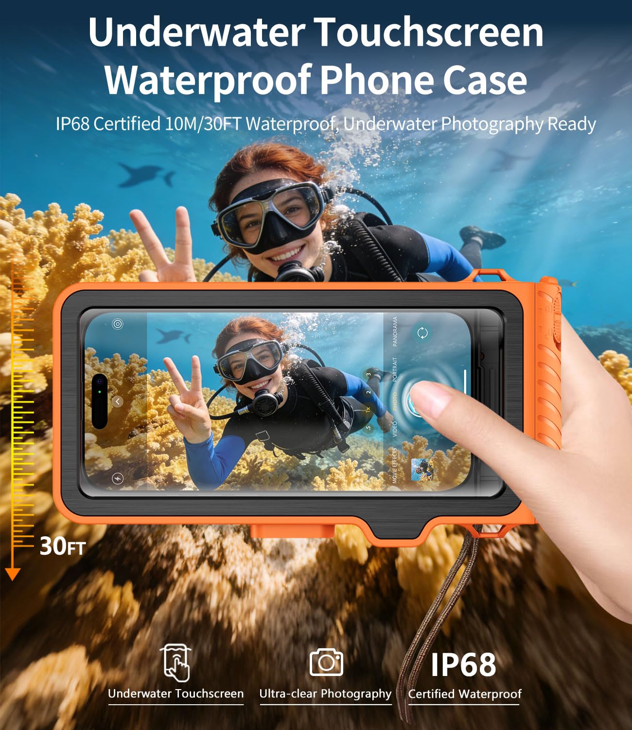 Funda impermeable de buceo, pantalla táctil subacuática para natación, esnórquel, funda universal subacuática para iPhone Galaxy Xiaomi Series todos los teléfonos inteligentes (naranja)