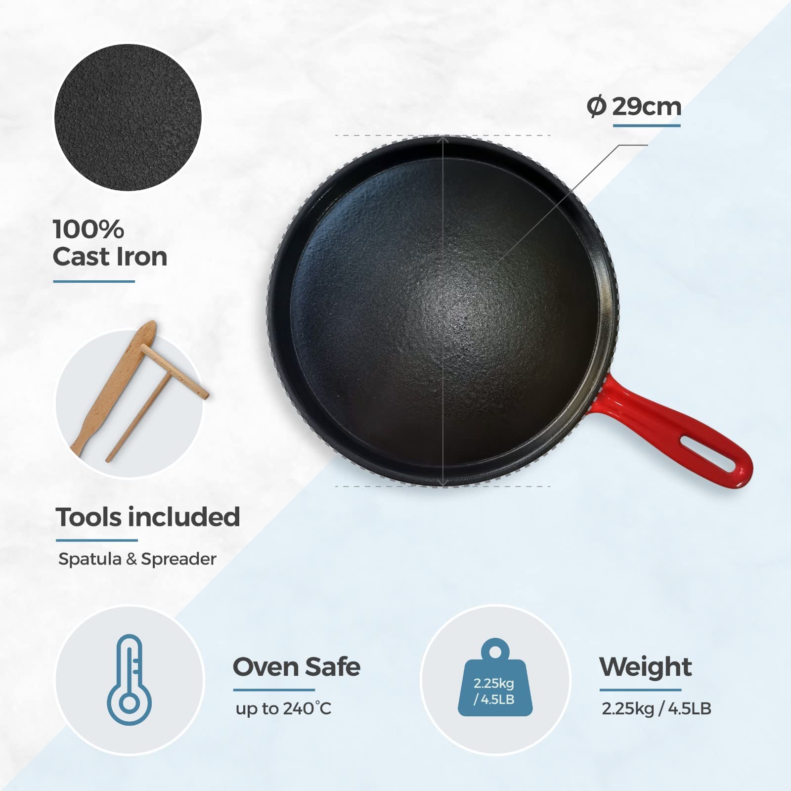 Silk Route Home - Sartén de hierro fundido para crepes y tortitas de 25 cm, plancha antiadherente con esparcidor y espátula, sartén presazonada duradera para crepes, tortitas, tortillas y más