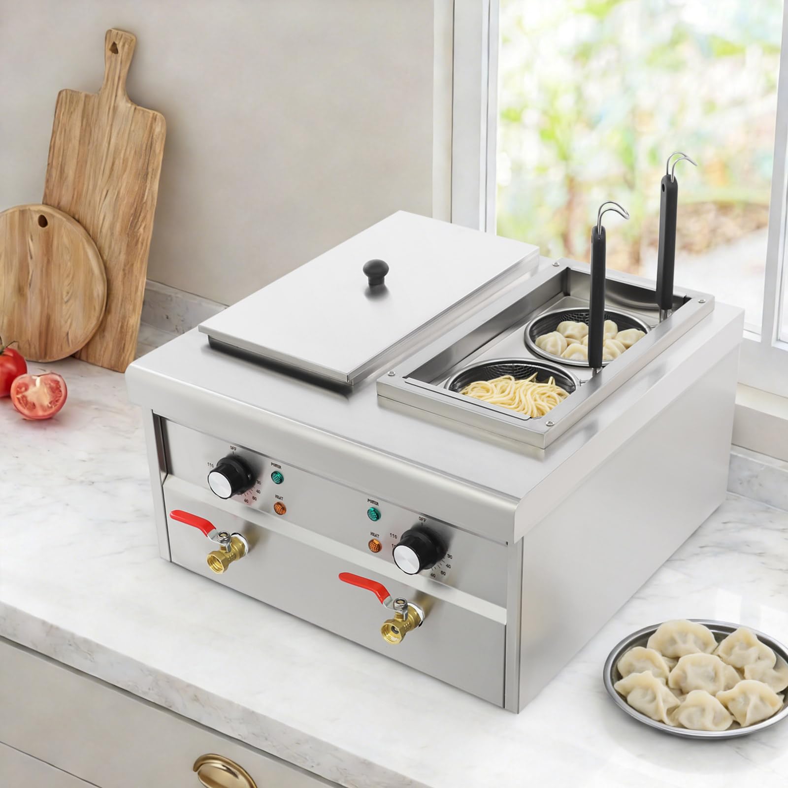 Fornello elettrico professionale commerciale da 2200 W, fornello elettrico in acciaio inox 9 l, controllo della temperatura da 30 a 110 °C, con 4 cesti per pasta e 2 coperchi, adatto per cucinare vari