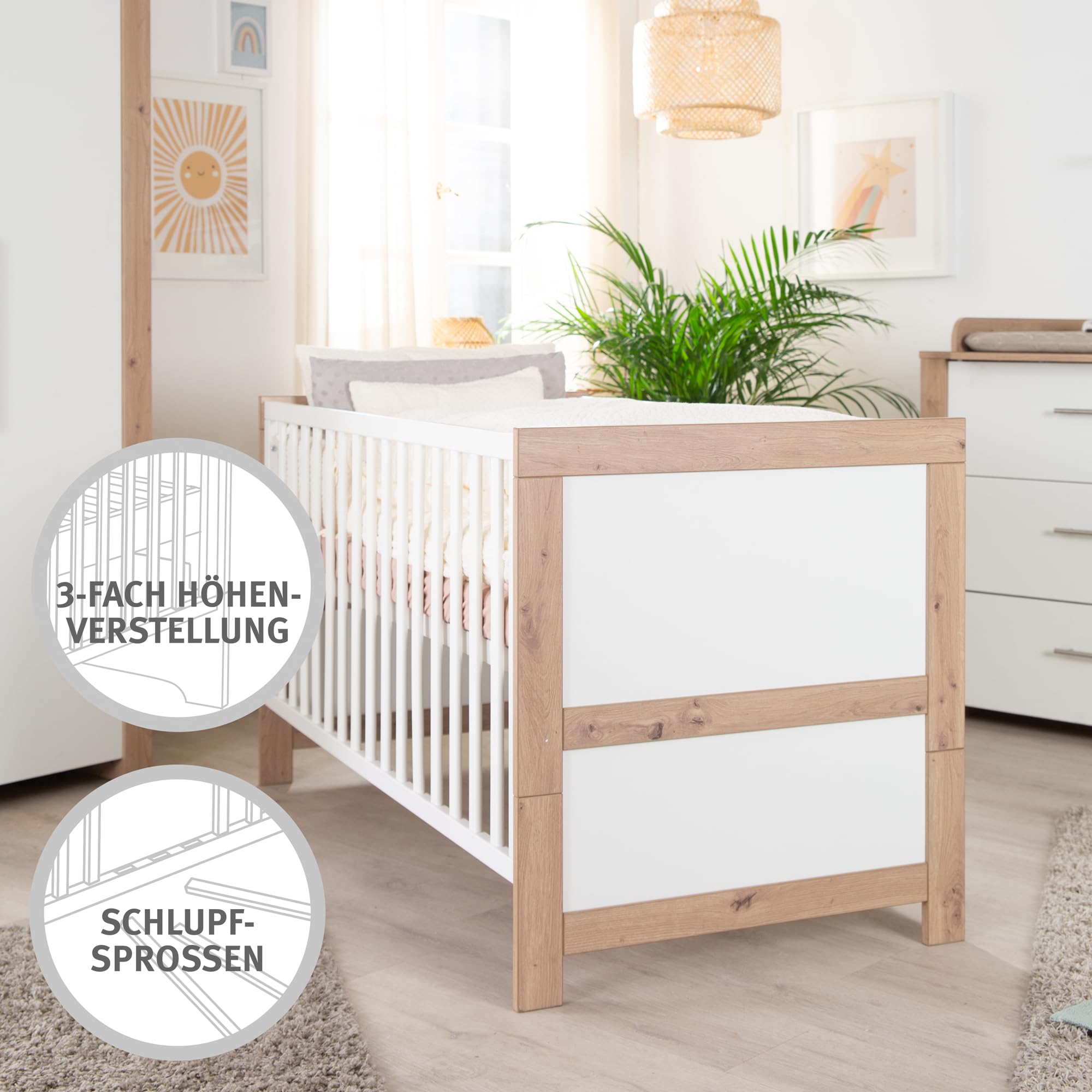 roba Babybett Malo 70 x 140 cm - Mitwachsendes Gitterbett - Höhenverstellbar - Umbaubar zum Juniorbett - Holz weiß lackiert/Dekor Sonoma Eiche