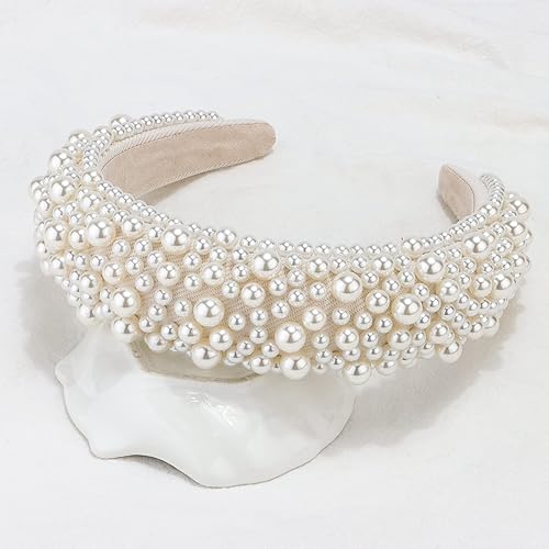Wecoe 1 diadema de perlas blancas para mujeres y niñas, diadema de novia a la moda, diadema para boda, diadema acolchada con cuentas gruesas,