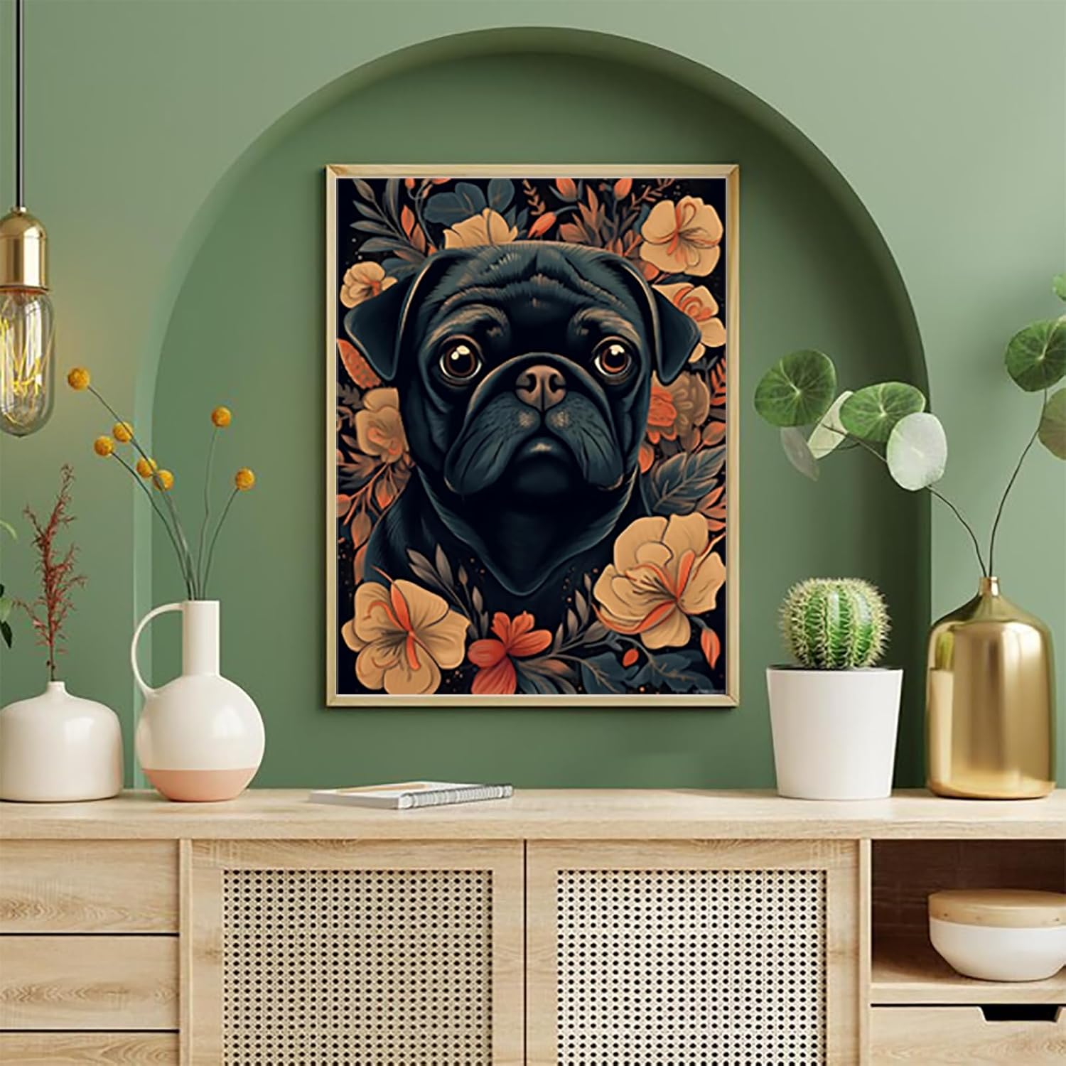 Pug Dog DIY Diamond Painting Kits for Adults 5D Full Drill Round Crystal Rhinestone Embroidery Cross Stitch Black Pug Face with Flowers Diamond Art Gem Crafts for Home Wall Decoration 12x16 inch