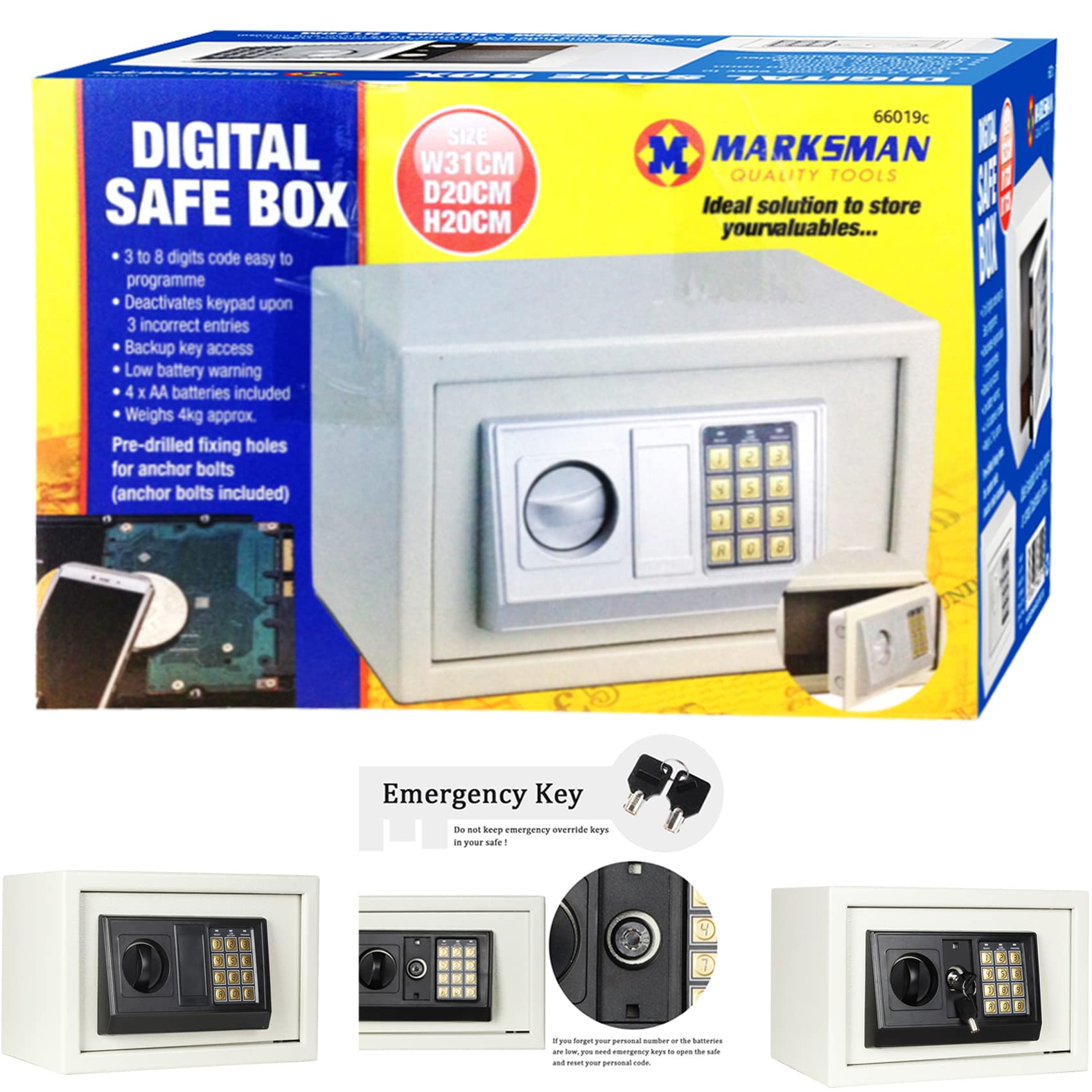 Nti White & Silver Marksman Large Secure Digital Steel Safe Box | Electronic | Home | Office | Business | Cash | Money | Valuables | | Security | Safety | Mechanical Override | 2 Keys Uk Free P&P