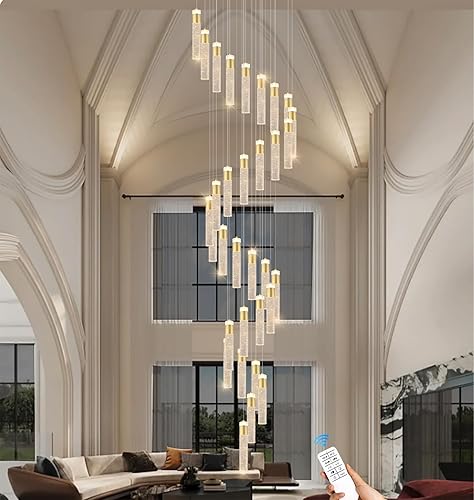Candelabro moderno de cristal dorado con forma de gota de lluvia de 32 luces para vestíbulo escalera, entrada de pozo de 130 pulgadas de largo,