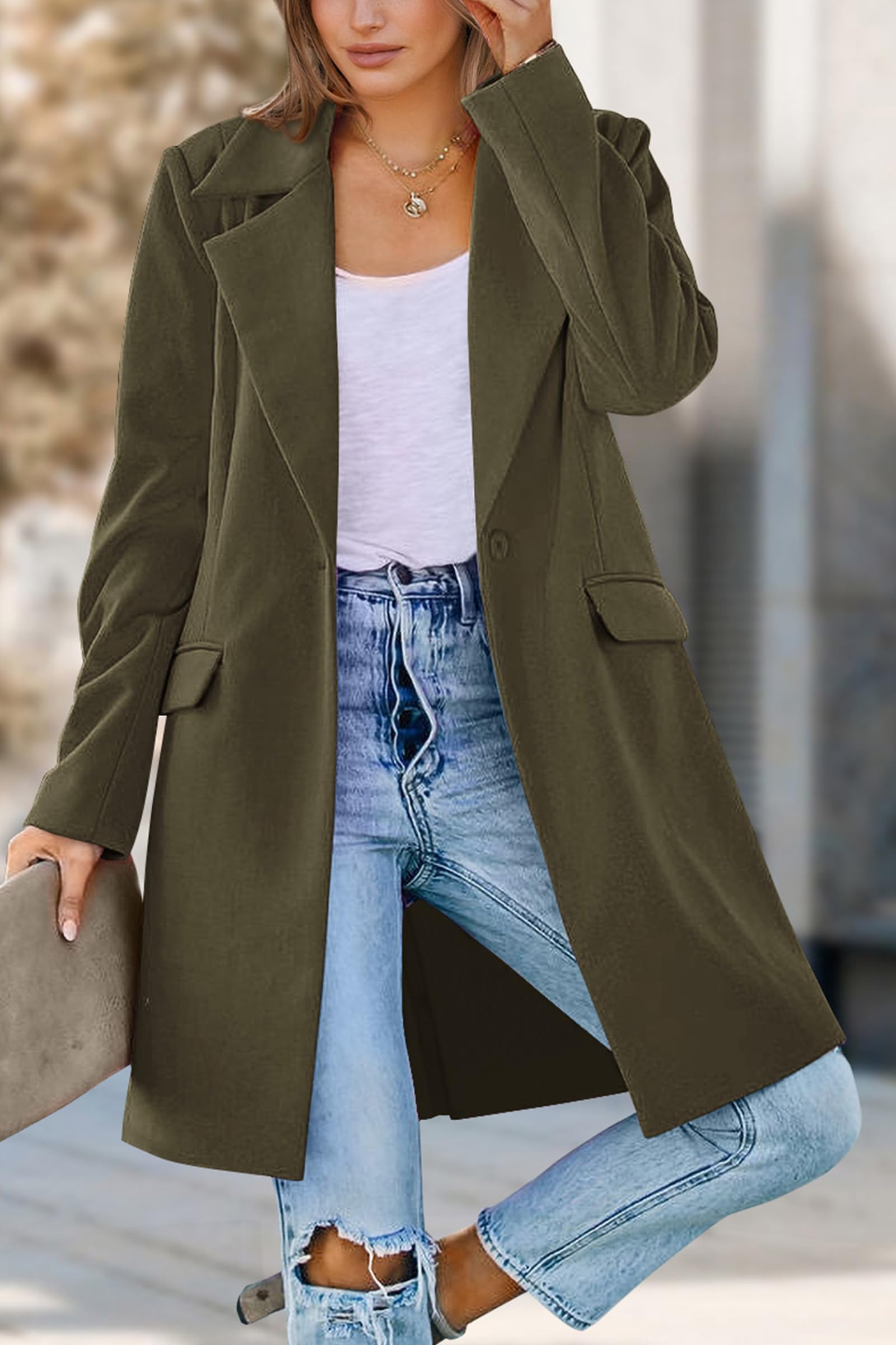 PRETTYGARDEN Women's Business Casual Long Blazer Jackets(Army Green,S) view 7