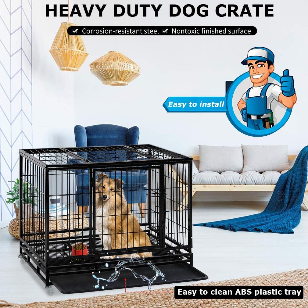 Dog Crate Dog Cage Dog Kennel for Large Dogs Heavy Duty 42 Inches Pet Playpen for Training Indoor Outdoor with Plastic Tray Double Doors & Locks Design