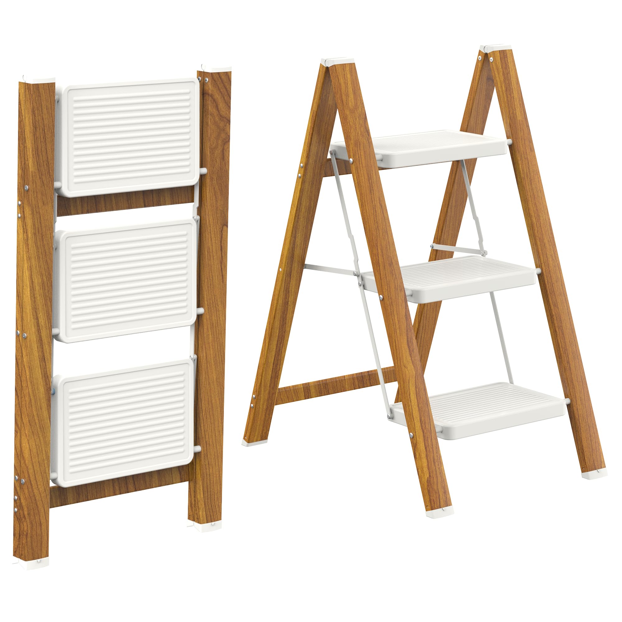 hbtower step ladder,lightweight aluminum folding step stool with anti-slip wide pedal,330lbs capacity step ladder for household,kitchen,office - whitewoodgrain