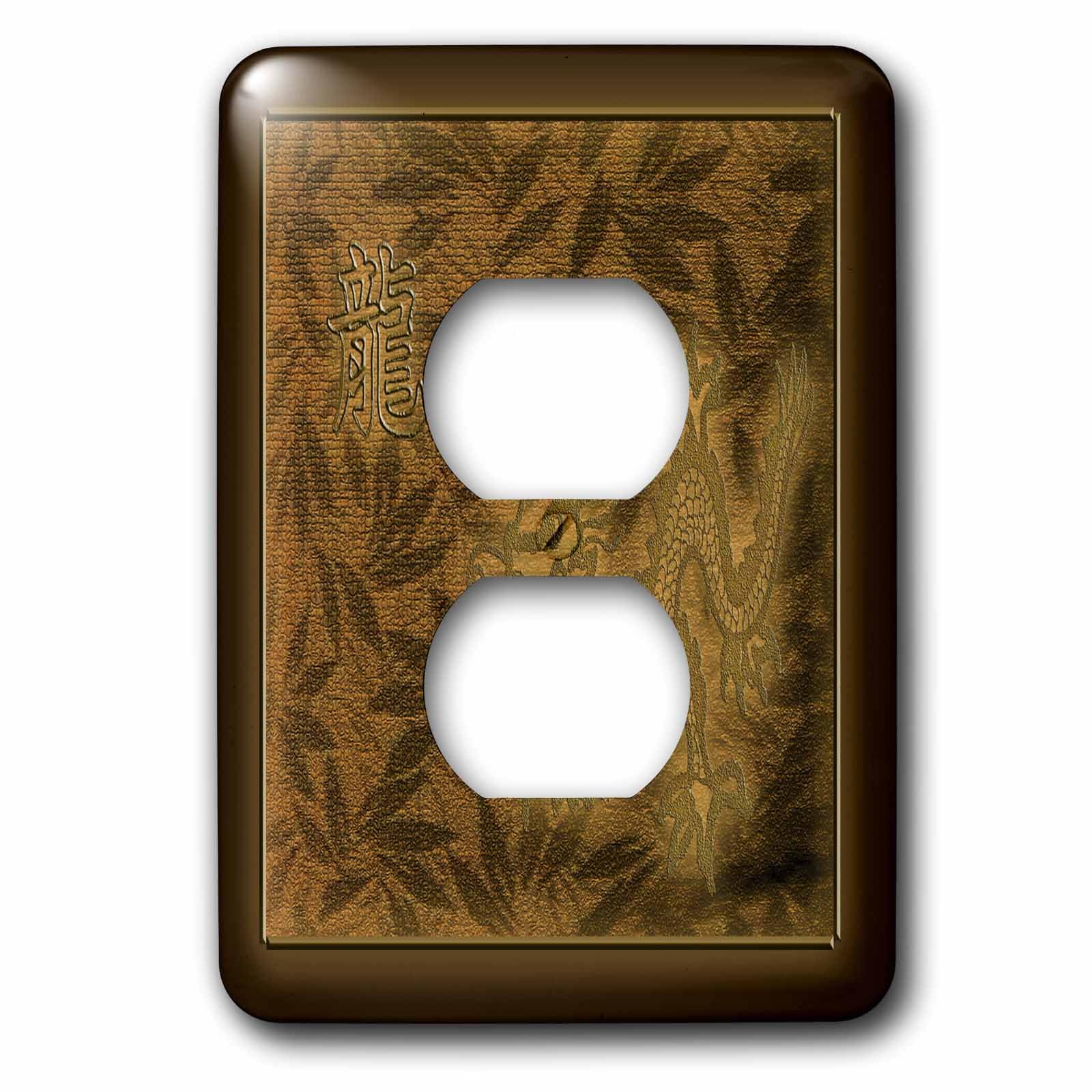 Plaque double prise dragon sur feuilles chinoises motif doré poétique