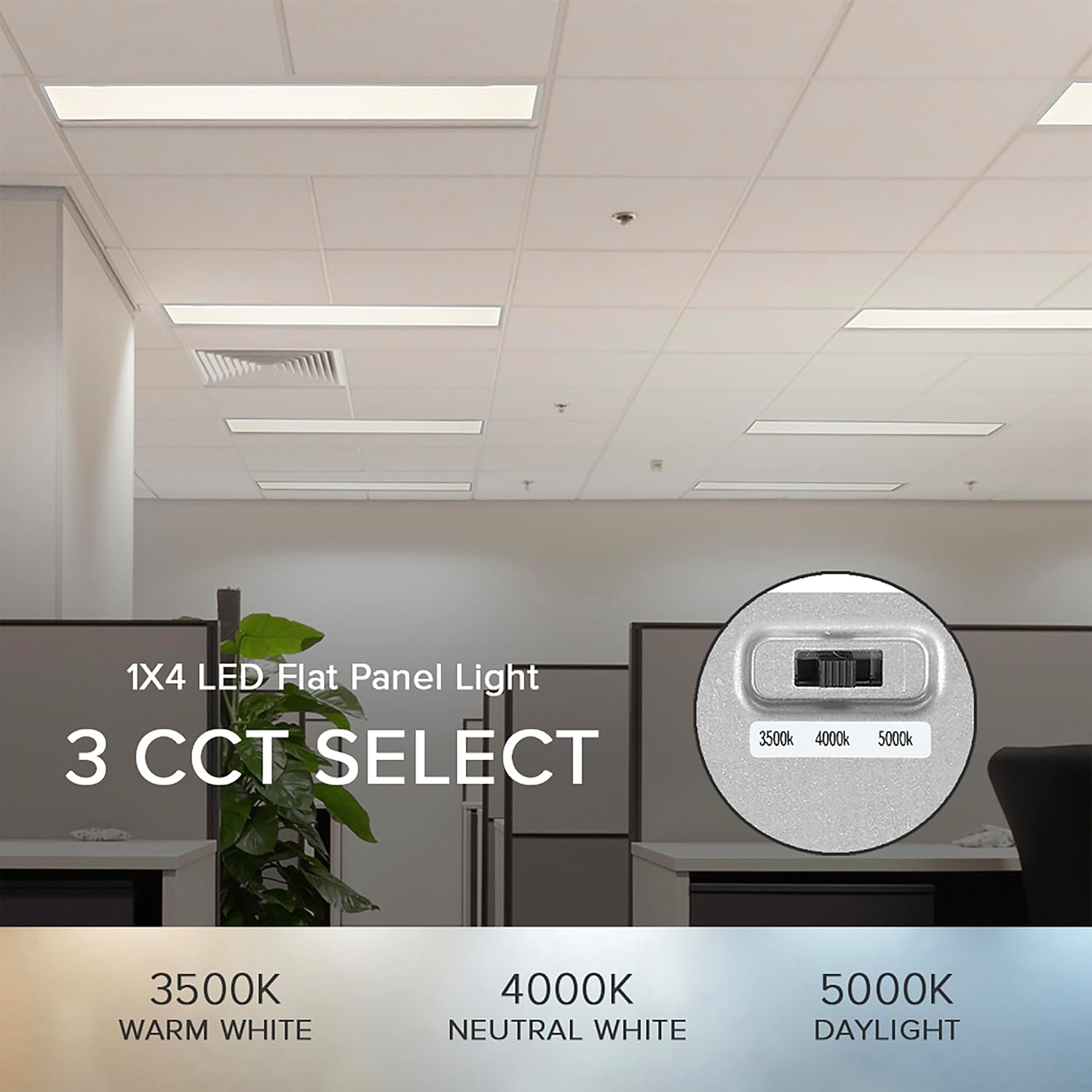 Maxxima 1'x4' LED Flat Panel Ceiling Light, Drop Ceiling Office Fixture, Selectable Color Temperature/Wattage, Up to 4,000 Lumens, 3500K/4000K/5000K Switchable CCT, 0-10V Dimming, 4 Pack