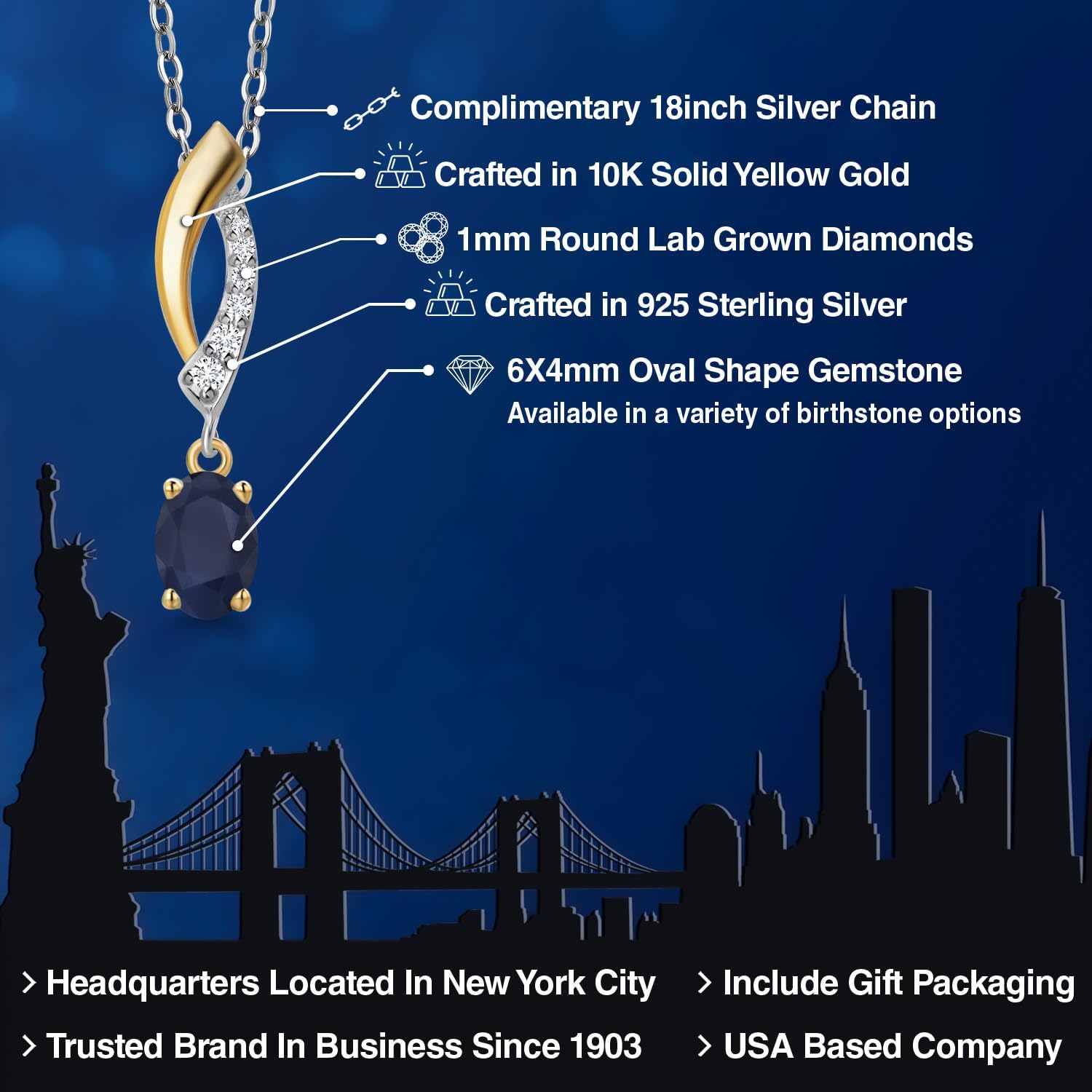 Gem Stone King 925 Silver and 10K Yellow Gold 6X4MM Oval Gemstone Birthstone and White Lab Grown Diamond Pendant Necklace | Two-Tone Necklace for Women | With 18 Inch Chain