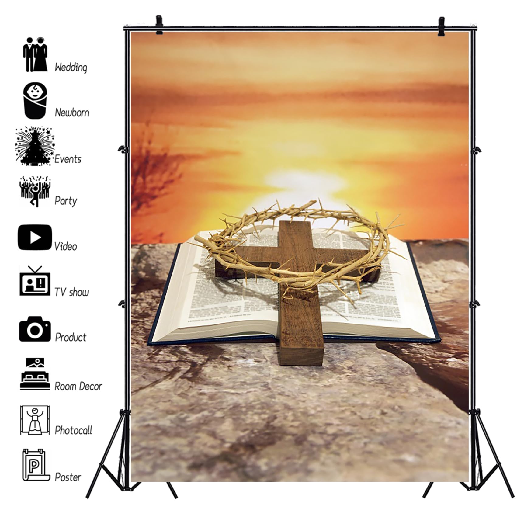 BELECO 7x5ft Fabric Retro Holy Bible Cross Backdrop Holy Light Glowing Crucifix God Belief Jesus Christ Biblical Backdrop Background Christian Church Sanctuary Decor Easter Photo Booth Studio Props - View #4