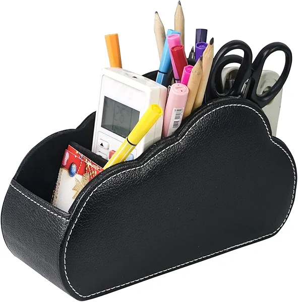 DreamsEden PU Leather Desk Organizer, Remote Control Holder Pen Pencil Cup Box Decorative Tabletop Storage Caddy for Home Office Accessories, 5 Slots