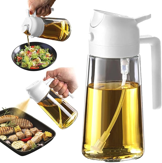 TrendPlain 16oz/470ml Glass Olive Oil Sprayer for Cooking - 2 in 1 Olive Oil Dispenser for Kitchen Gadgets, Air Fryer, Salad, and BBQ - White