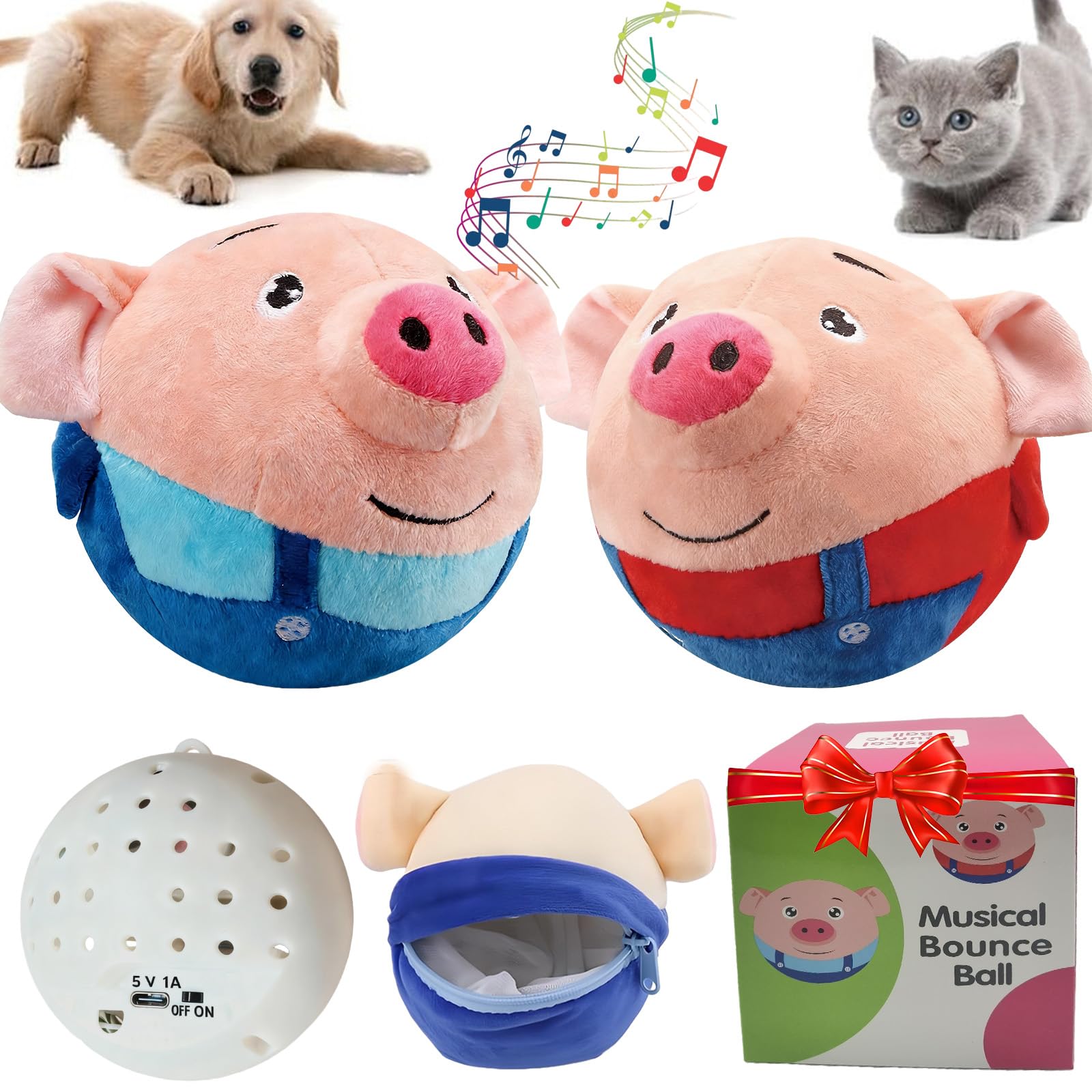Photo 1 of ?2PCS?Interactive Dog Toys,Active Moving Pet Plush Toy with Recording & Music Modes,Jumping Squeaky Song shaking Interactive Dog Ball,Dog Toys to Keep Them Busy,Replaceable Coat (Blue Pig + Red Pig)