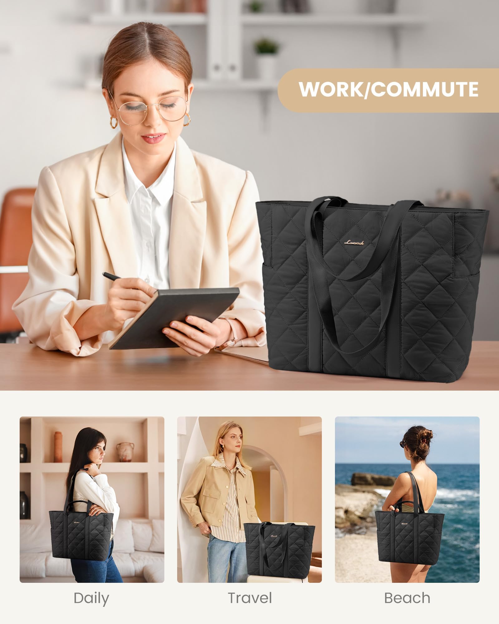 LOVEVOOK Tote Bag for Women,Light Puffer Tote Bag with Multi-pockets,Stylish Carry on Laptop Bags for Daily,Travel,Work,Gym | with Multi-pockets, Stylish, Carry on, for Daily, Travel, Work