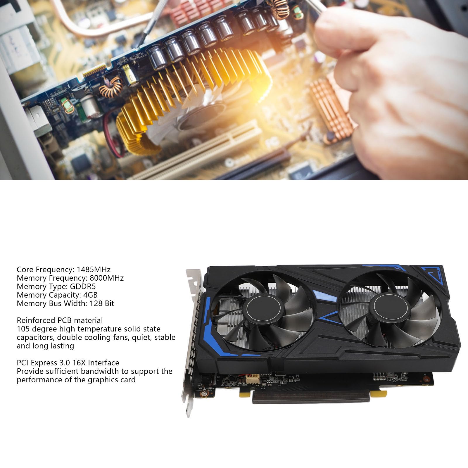 Karta Graficzna, 4 GB GDDR5 128-bitowy, 1485 MHz, Taktowanie Rdzenia, Zegar Pamięci 8000 MHz, Karta Graficzna PCI Express 3.0 X16, Dwa Ciche Wentylatory Chłodzące do Komputerów