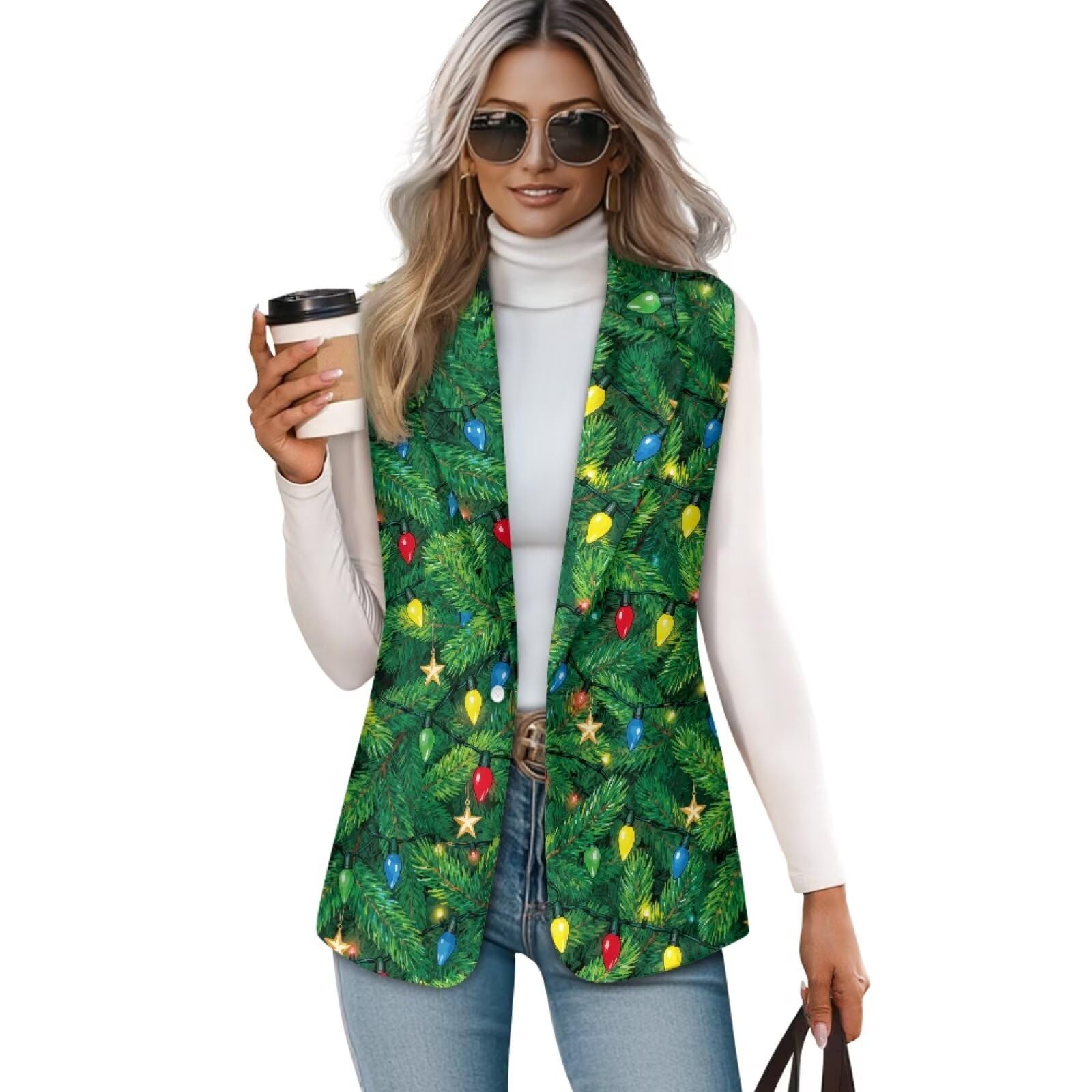 Christmas Womens Sleeveless Vest Blazer Lightweight Fashion Casual Work Office Tops
