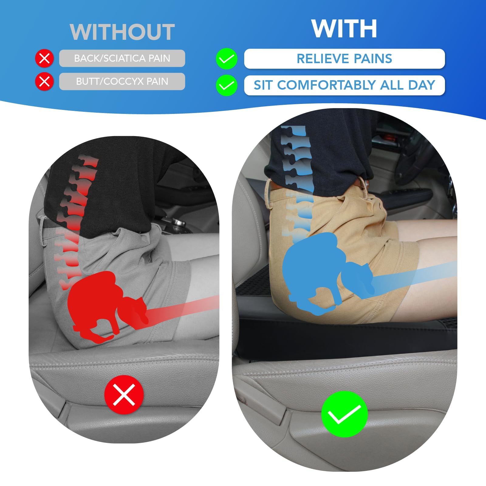 Poduszka na siedzenie samochodowe z pianki Memory Foam do Dodge Ram 1500 19-24 | Podwyższenie krzesła 2,3-3,5 cala, oświetlenie do rwy kulszowej, ergonomiczna konstrukcja antypoślizgowa