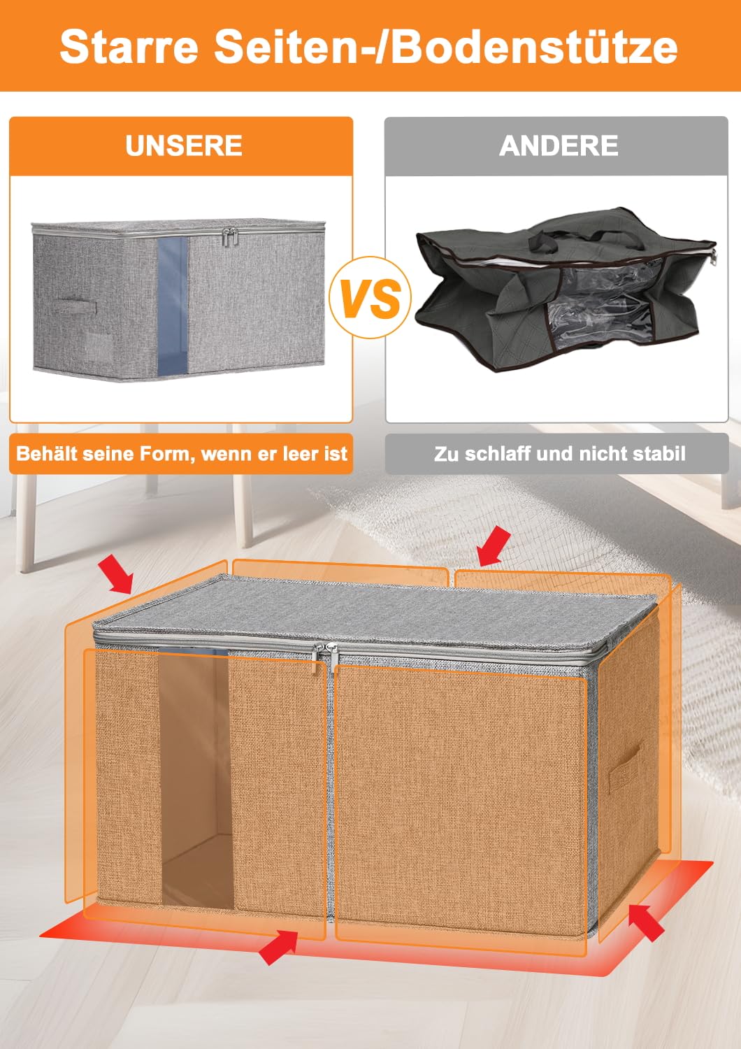 60L Aufbewahrungsboxen 2er-Pack für Bettdecken, Decken, Bettwäsche und Kleidung, faltbare formstabile Stoffboxen mit Doppelreißverschluss, Sichtfenster, starken Griffen, stapelbar, wasserdicht, Grau