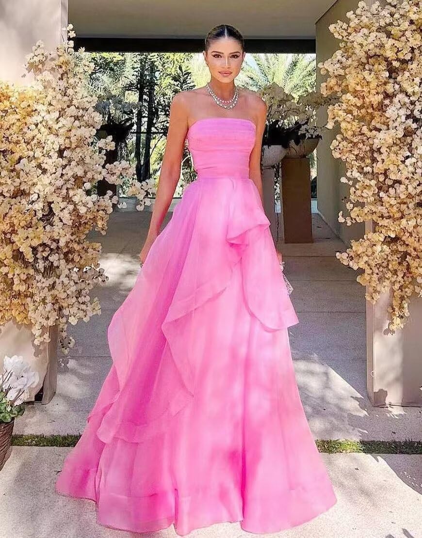Ruffle Long Ball Gowns for Women Formal A-Line Strapless Bridesmaid Dress 2026 Tiered Tulle Prom Party Gowns DR0181 DR