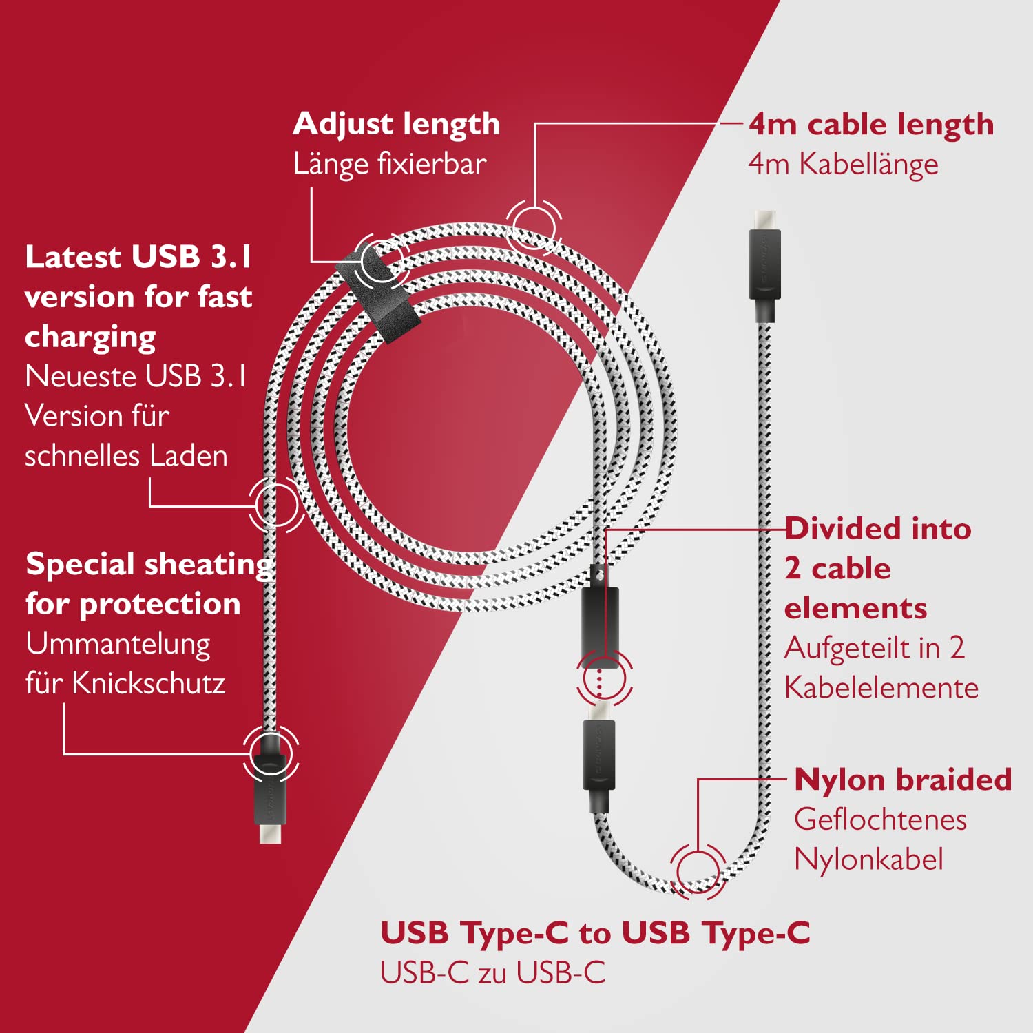 Lioncast Cable de carga para PS5 | 3,5 m + 0,5 m cable de carga rápida para Sony Playstation | Cable controlador para Dual Sense | Cable con revestimiento de nailon (protección contra torceduras)