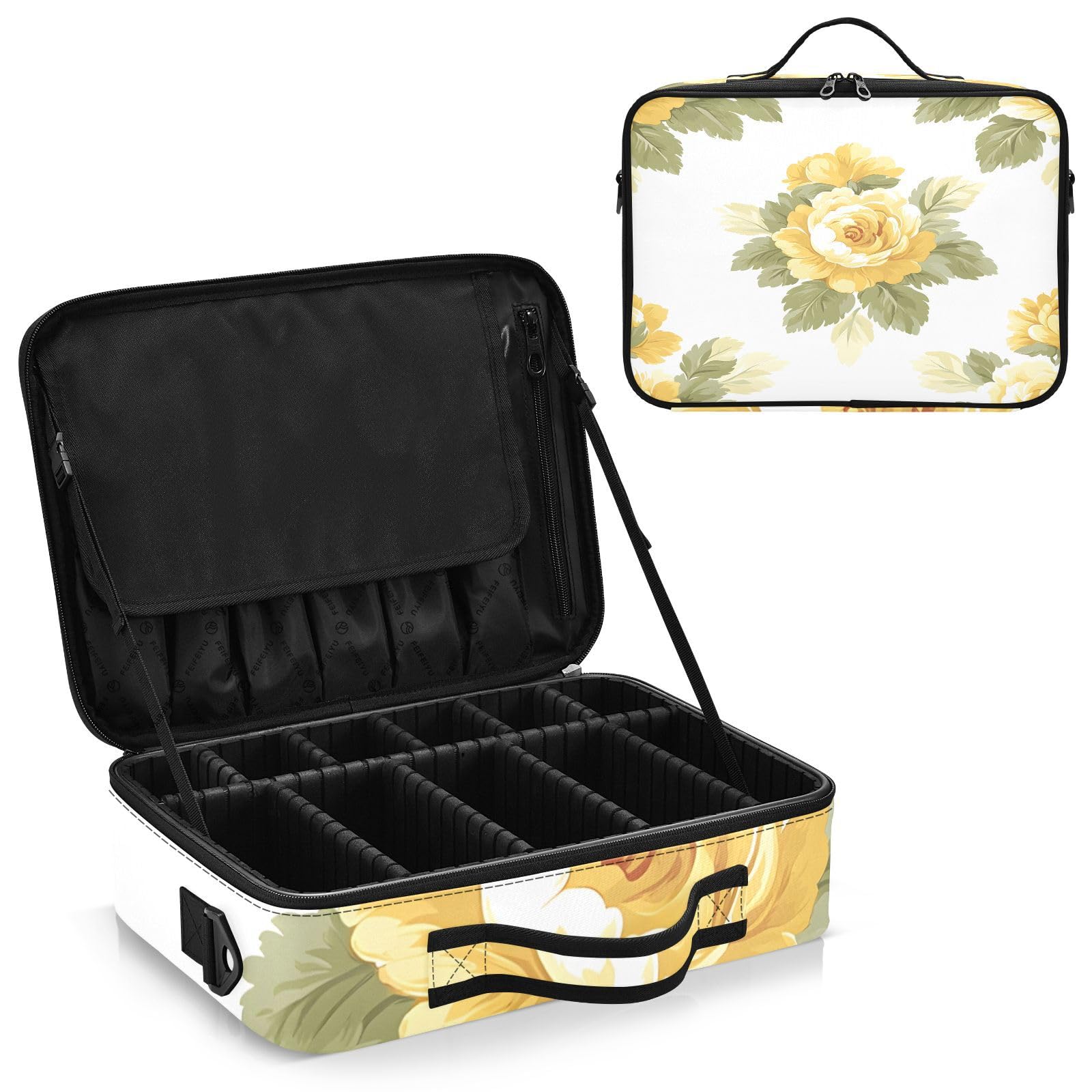 zyrtty Travel Makeup Train Case Yellow Flower White Pattern Green Leaves Cosmetic Organizer Portable Storage Bag with Adjustable Dividers for Cosmetics Brushes Toiletry Jewelry Digital Accessories