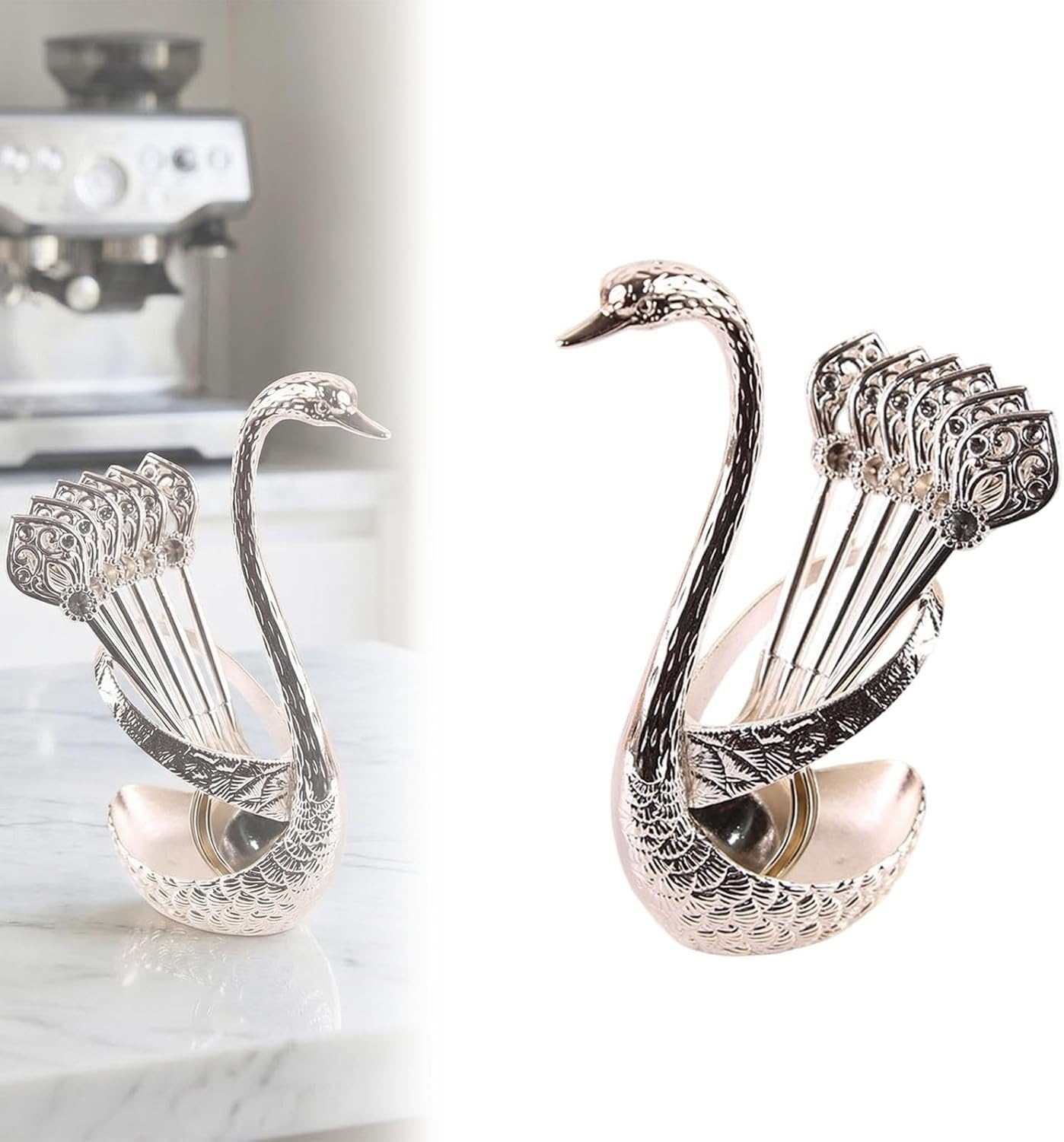 XIUNYIE Creative Swan Shape Coffee Stirring Spoon Set with Holder Stand, Elegant Functional Dessert Spoons for Cafe Home Wedding Party Kitchen Decoration Gift for Coffe, #B