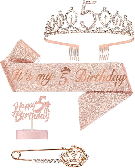 Pinenuts 5th Birthday Sash and Tiara,It's My 5th Birthday Sash and Crown Cake Topper for Girls 5th Birthday Gifts Party Decorations Supplies