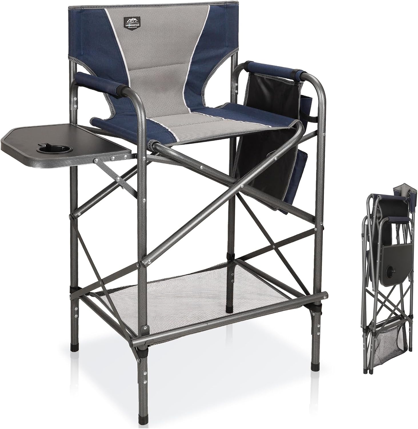 LANMONTAIN Folding Tall Director Chairs,30.7'' Seat High Makeup Solan Chairs,Portable Camping Chair w/Side Table Functional Pocket and Footrest,Comfy Bar Stool Heavy Duty Supports 350 Lbs,Blue