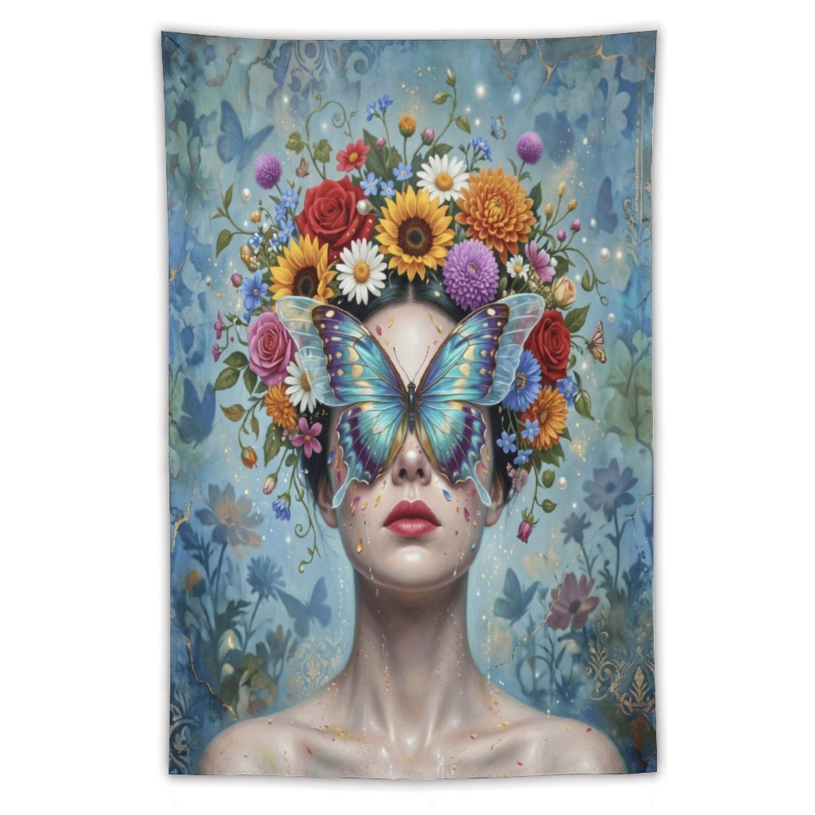 H3B8U2Y5 Butterfly Woman Flower Crown Wall Tapestry, Ceiling Hanging