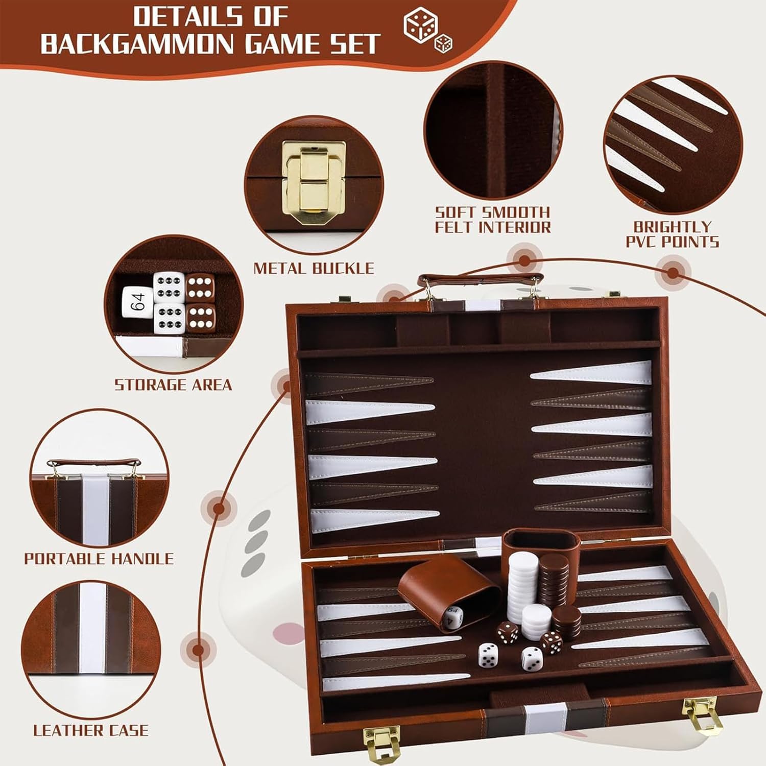Backgammon Valise en bois 38 cm pour 2 joueurs - Classique - Avec étui en cuir de qualité supérieure - Portable et avec gobelet à dés - Pour les campeurs et les fans de voyage
