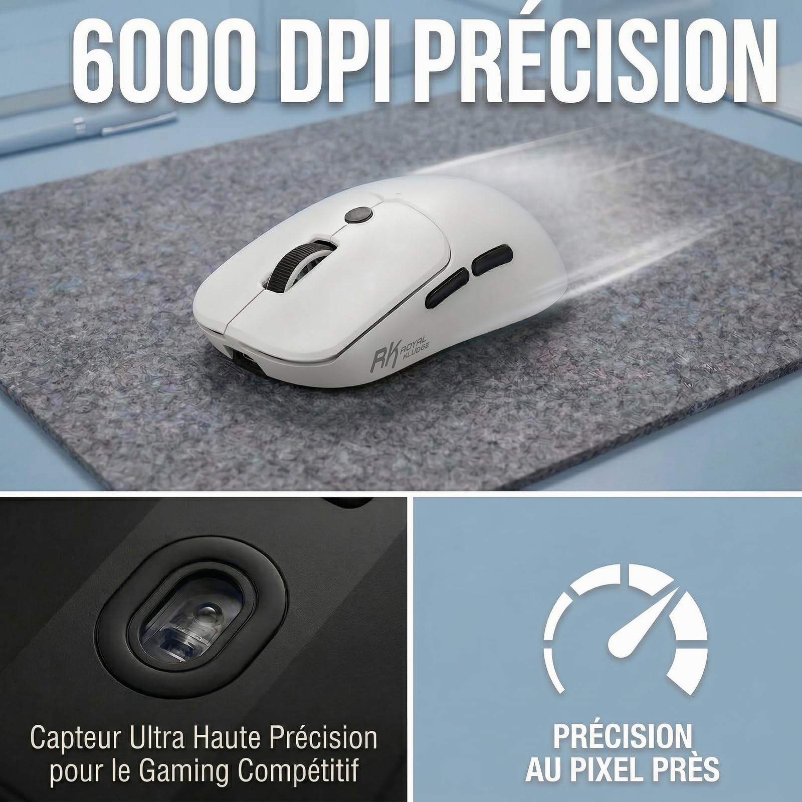 RK ROYAL KLUDGE MO1 Souris Gamer, Ultra-Légère 51g, 6 Boutons Programmables, Connexion 2.4GHz/Bluetooth/Filaire, Capteur Optique 6000 DPI, Blanc