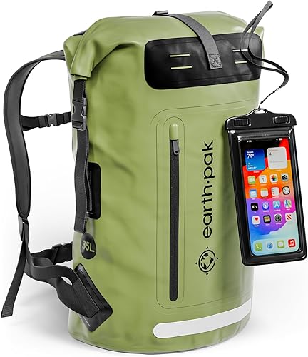Earth Pak Mochila impermeable 35L  55L  85L - Cierre enrollable resistente con bolsillo frontal con cremallera de fácil acceso y panel trasero