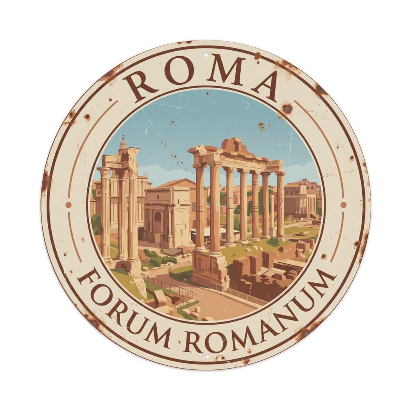 Vintage Travel Rome Forum Romanum Metal Tin Sign Plaque Wall Decor for Cafe, Club Bar, Office, Home Garden Round Metal Poster 8x8Inch