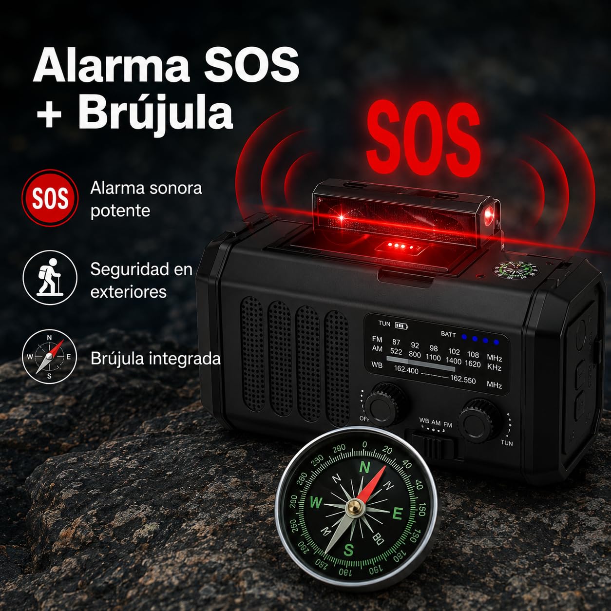 Radio de Emergencia Portátil 20000 mAh, Alarma SOS, Radio FM/Am con lámpara de Lectura, brújula,generador de manivela y Carga Solar, para Exteriores, Carga de Emergencia para Smartphones (Black)
