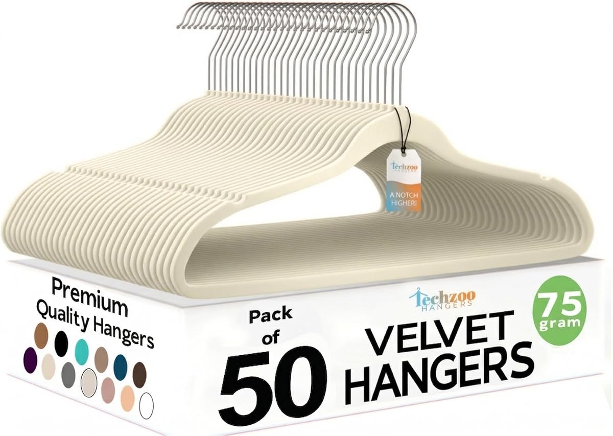 50 Pack New Premium Quality Velvet Hangers Ultra Thin Non Slip Adult Felt Space Saving Hangers for Closet Heavy Duty Coat Pants Jackets Dress Hangers 360° Swivel Hook Hold Upto 10 lbs Ivory
