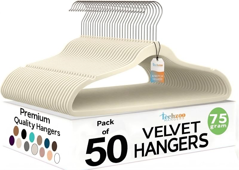 50 Pack New Premium Quality Velvet Hangers Ultra Thin Non Slip Adult Felt Space Saving Hangers for Closet Heavy Duty Coat Pants Jackets Dress Hangers 360° Swivel Hook Hold Upto 10 lbs Ivory