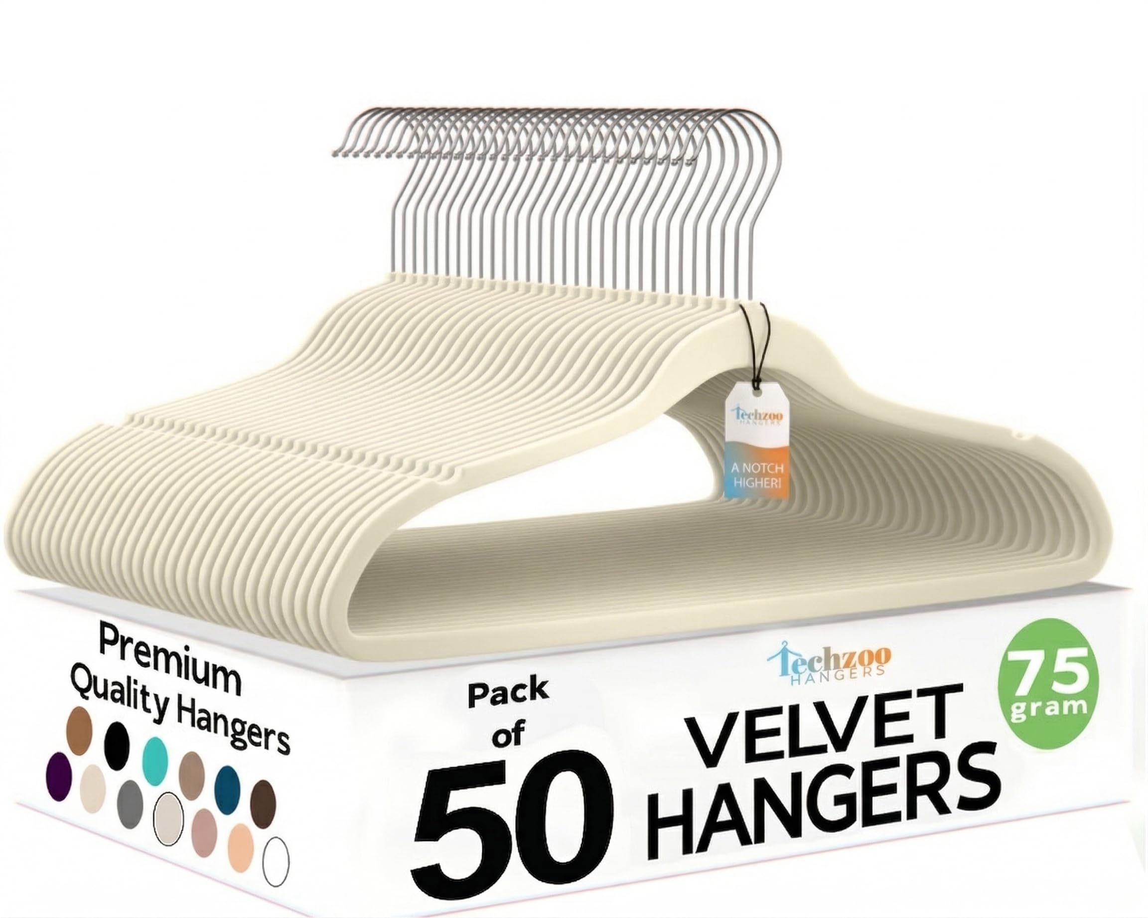 Techzoo 50 Pack New Premium Quality Velvet Hangers Ultra Thin Non Slip Adult Felt Space Saving Hangers for Closet Heavy Duty Coat Pants Jackets Dress Hangers 360° Swivel Hook Hold Upto 10 lbs Ivory