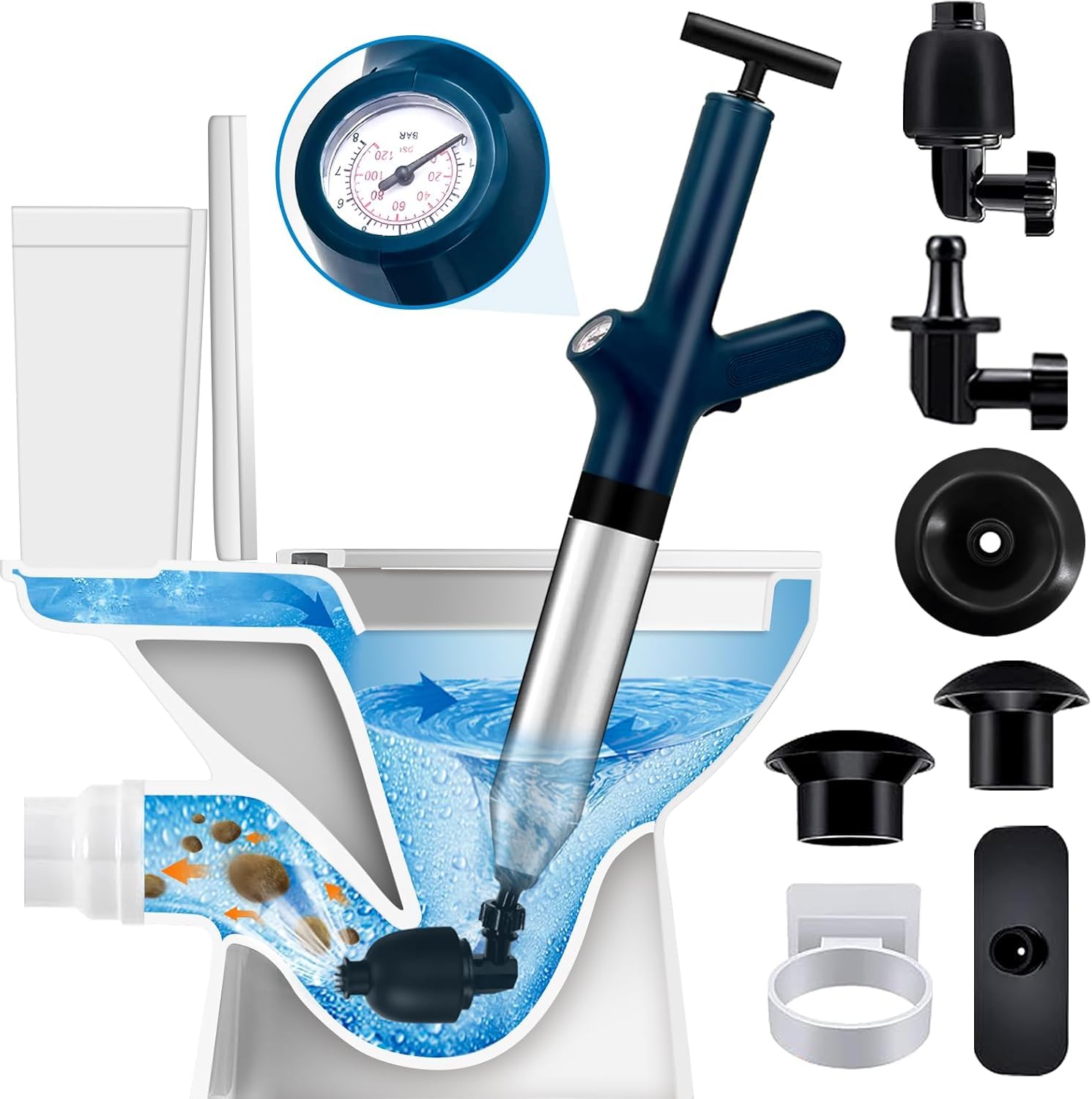 Stura WC a Pressione con Barometro – Pompa Stura Scarichi ad Aria Compressa 5 in 1 per Disintasare WC, Lavandino, Vasca, Scarico – Sturalavandini Alta Pressione Riutilizzabile