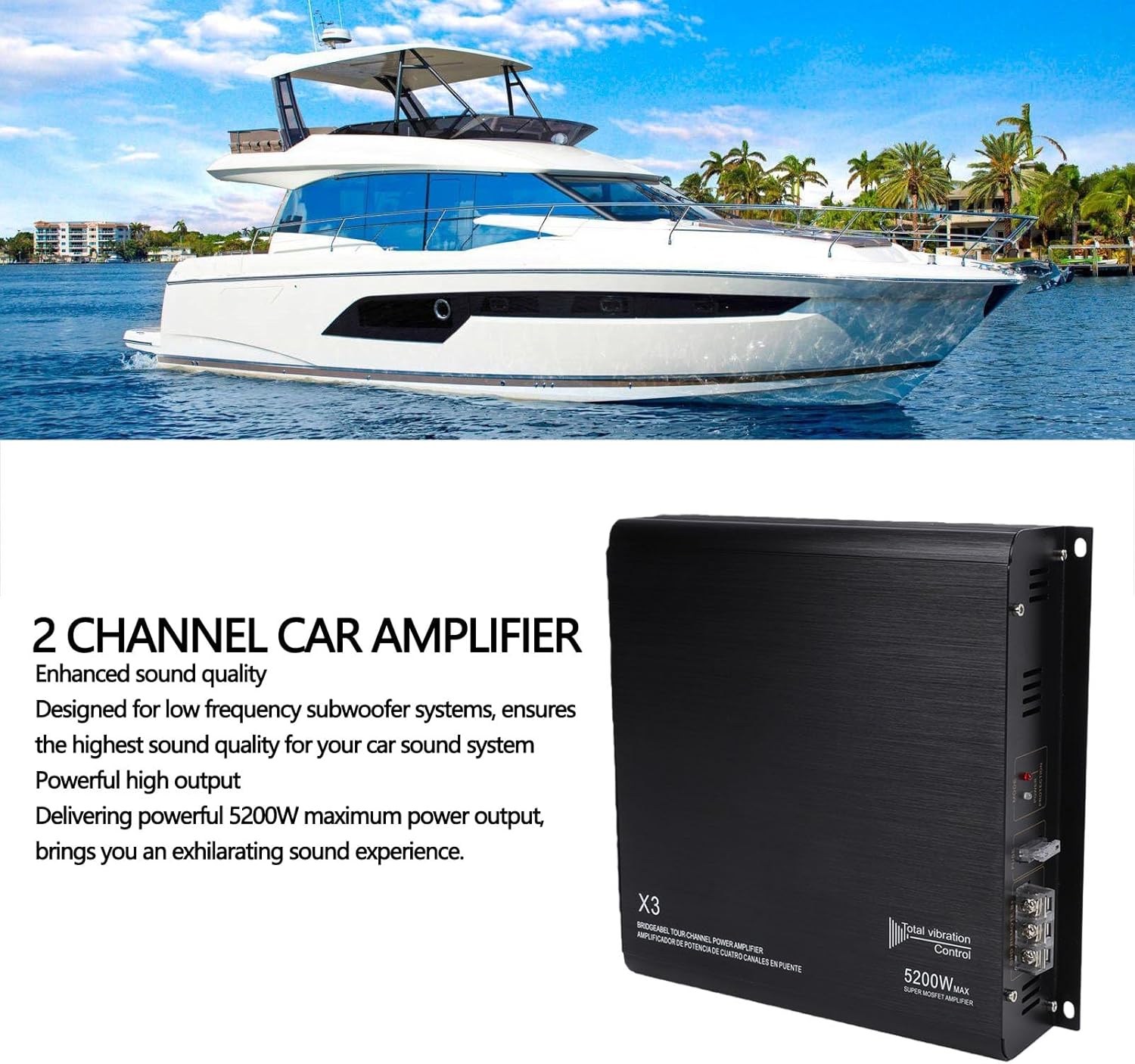 Jonlaki 2 Channel Car Amplifier 5200W High Power Dual Channel Bridgeable Sound Speaker Amp Box for 12V Truck Boat UTV Motorcycle Sound System