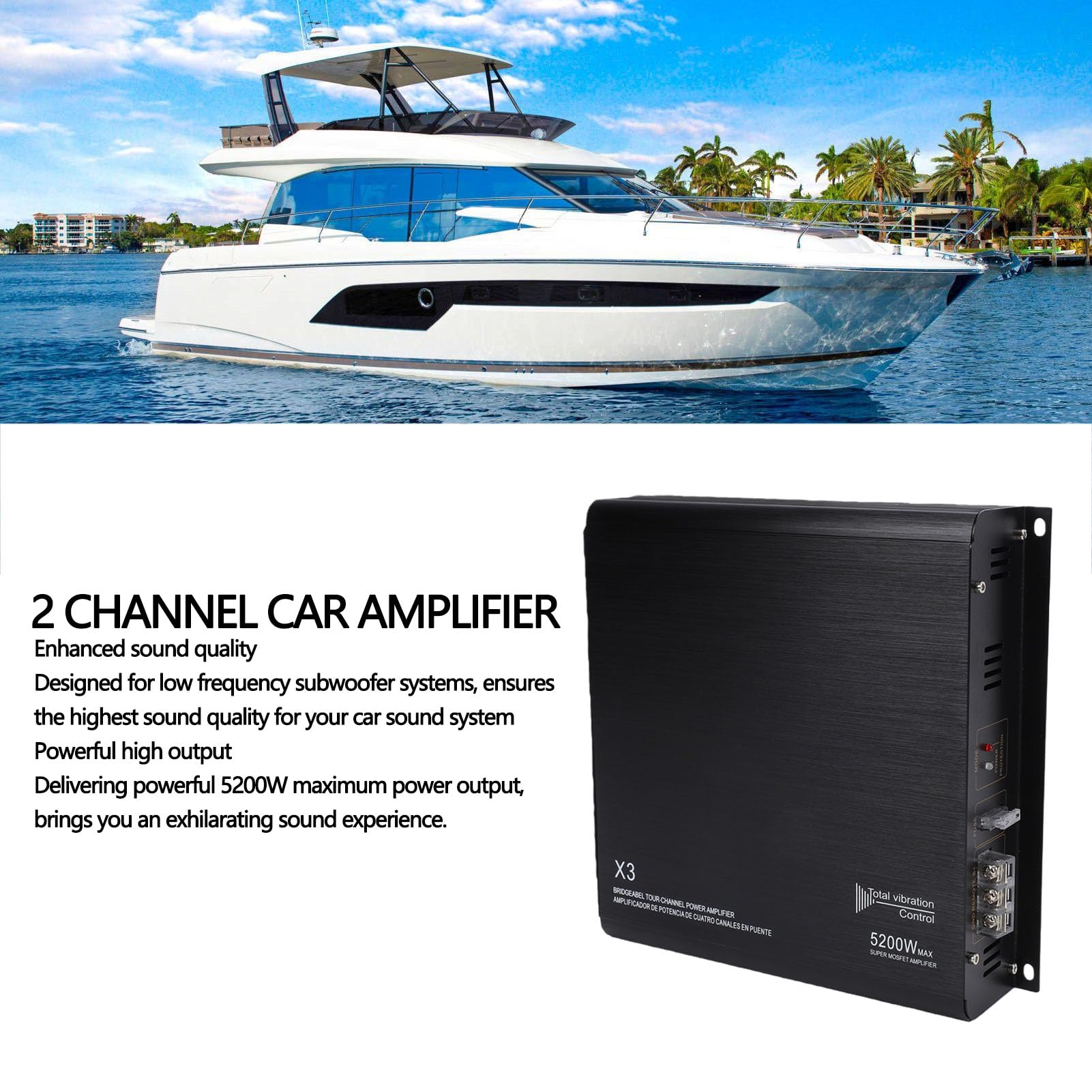 Akozon Amplificador Coche 2 Canales 5200W Potencia Máxima 2x200W RMS Protección Cortocircuitos Control Baja Frecuencia Conmutación Fase Puenteable para Subwoofer Barco UTV CMB0135