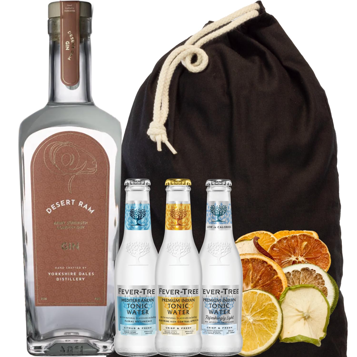 Gin Gift Hamper with Yorkshire Dales Desert Ram Gin, three bottles of tonic and assorted garnishes all presented in a black sack nestled in wood wool