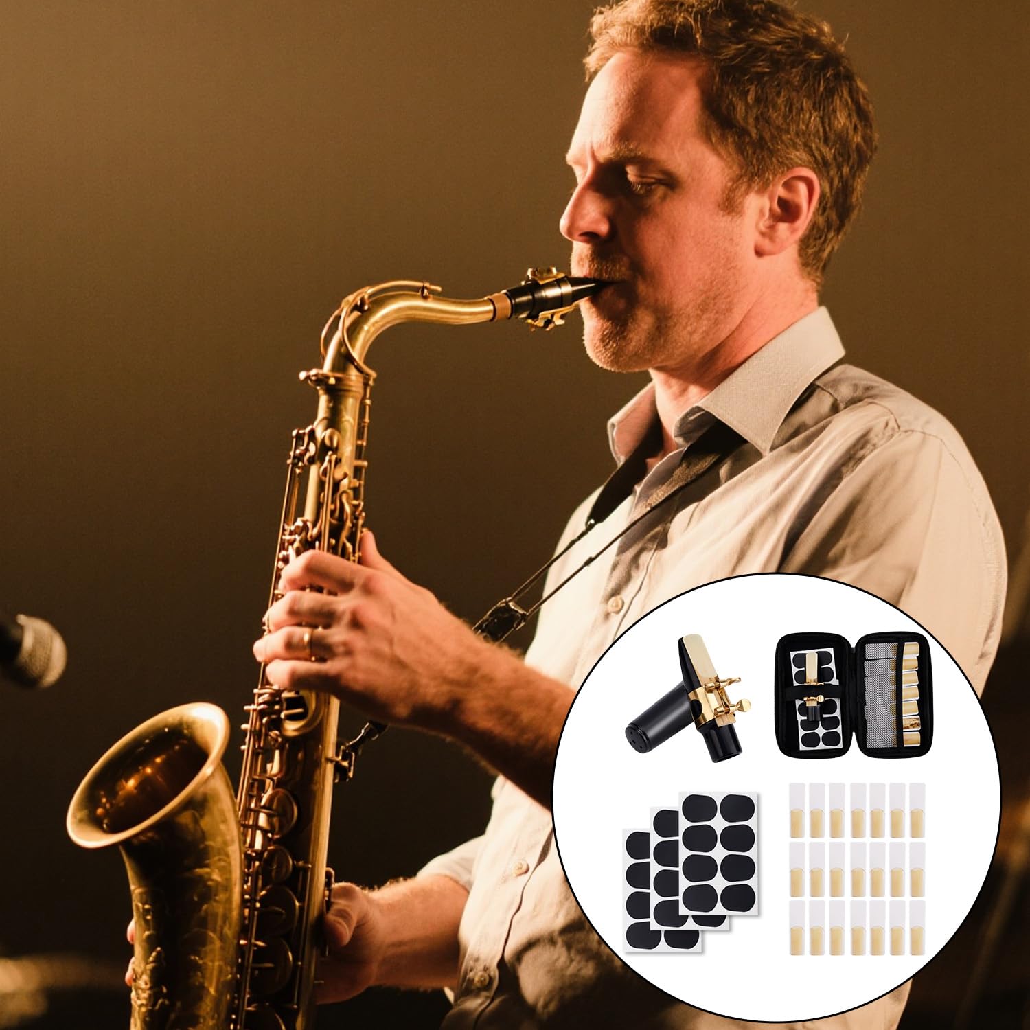 Ensemble de 49 Pièces de Rechange pour Saxophone Alto, Pièces et Accessoires Comprenant 1 Bec, 21 Anches Saxophone 2,5, 24 Coussinets Bec, 1 Housse en Plastique et 1 Étui Rangement en EVA.